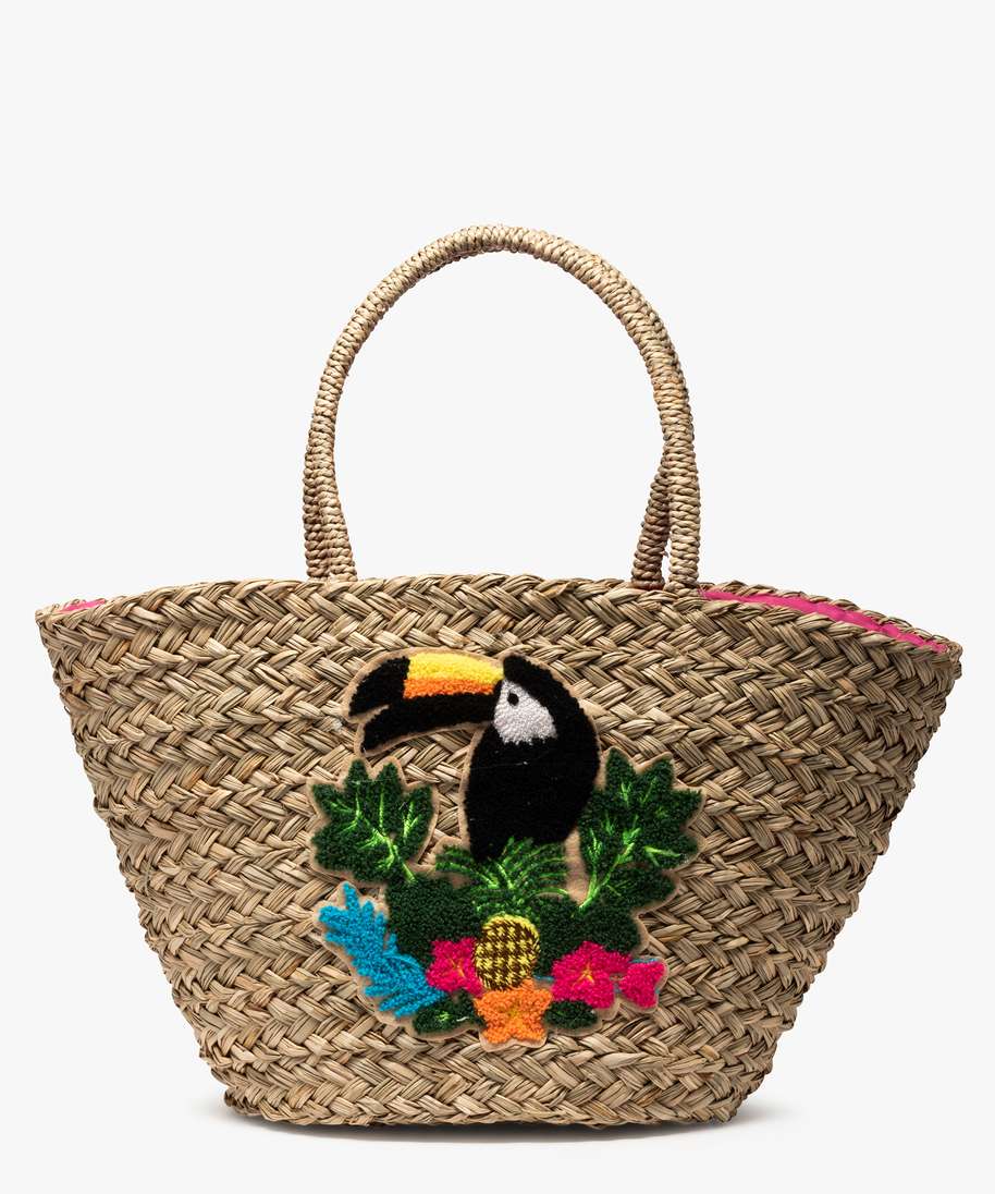 sac de plage femme en paille avec motif toucan beige cabas grand volume