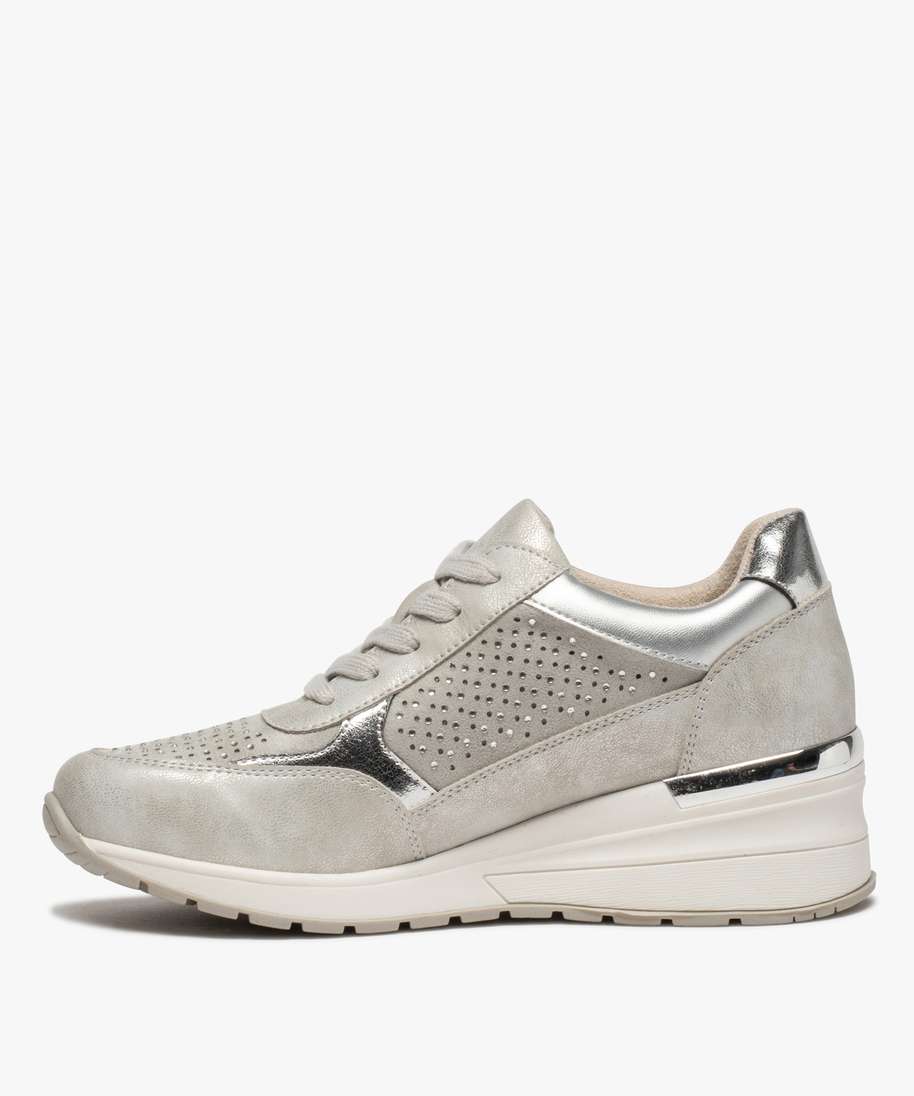 baskets femme a talon compense et strass fermeture lacets argente baskets compensees femme GEMO