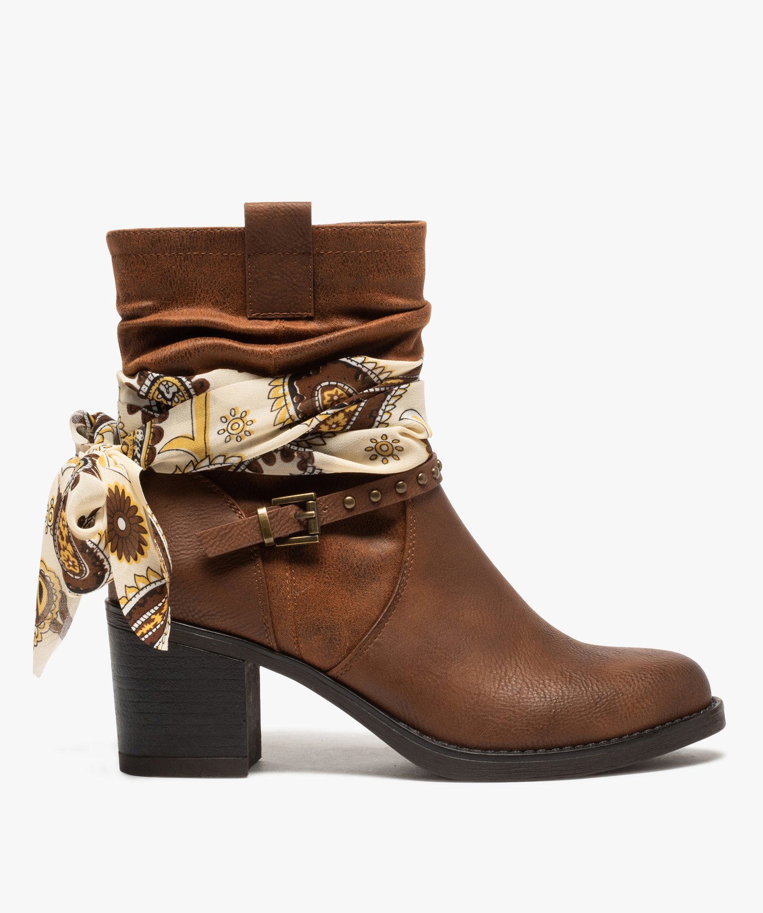 boots femme a talon avec foulard et brides decoratives marron standard bottines et boots femme GEMO