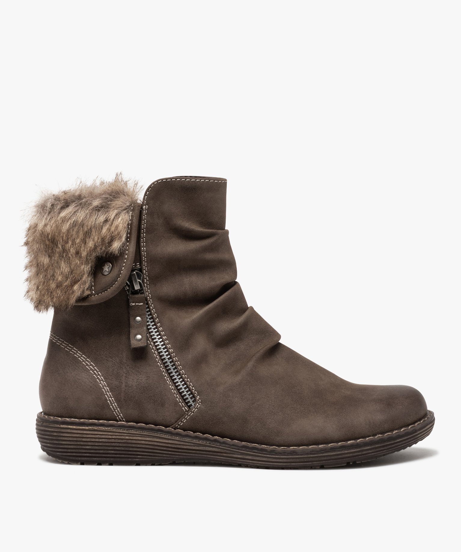 boots fourrees femme a talon plat et zip decoratif brun chaussures