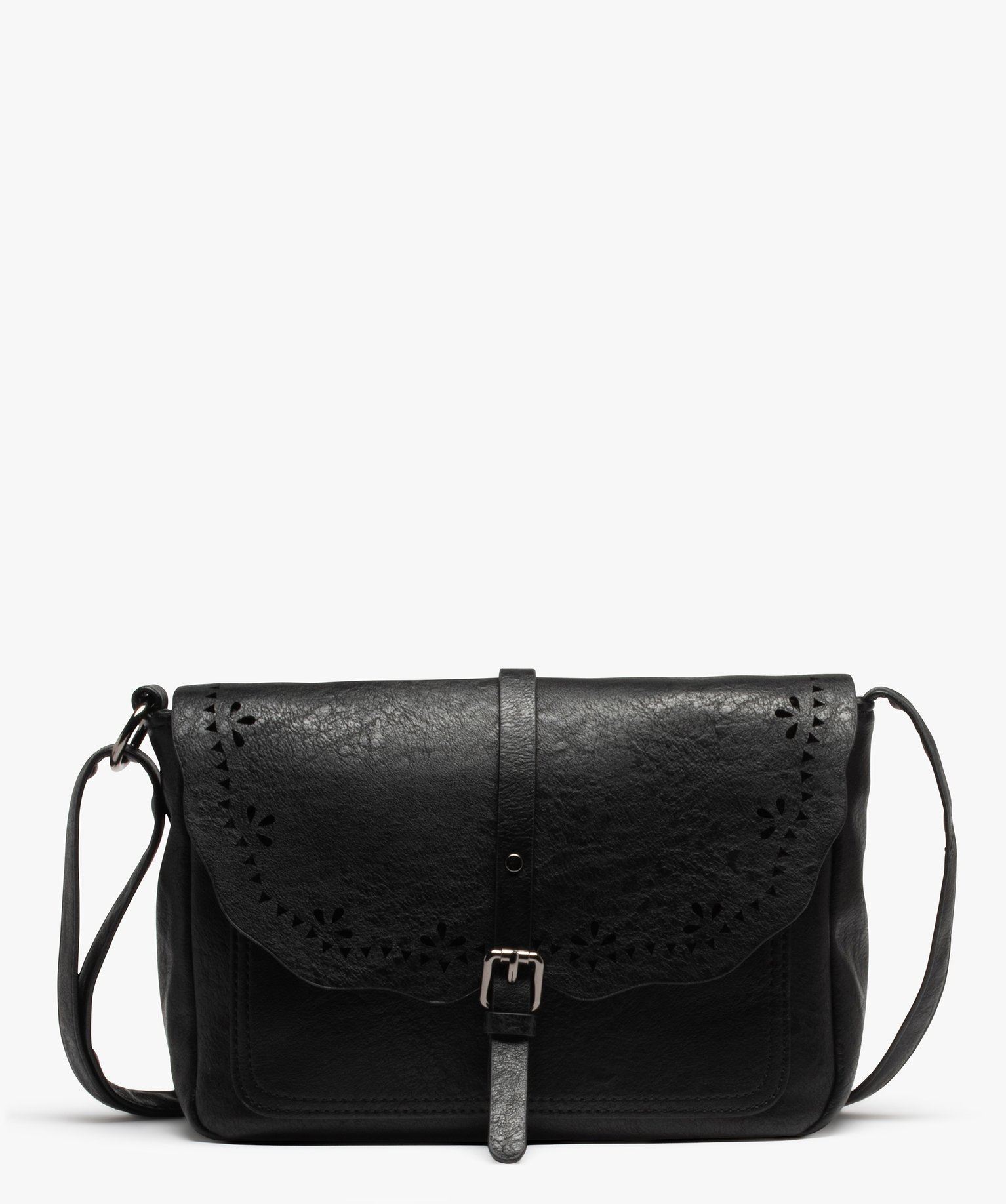 sac besace femme uni souple a rabat ajoure noir sacs bandouliere
