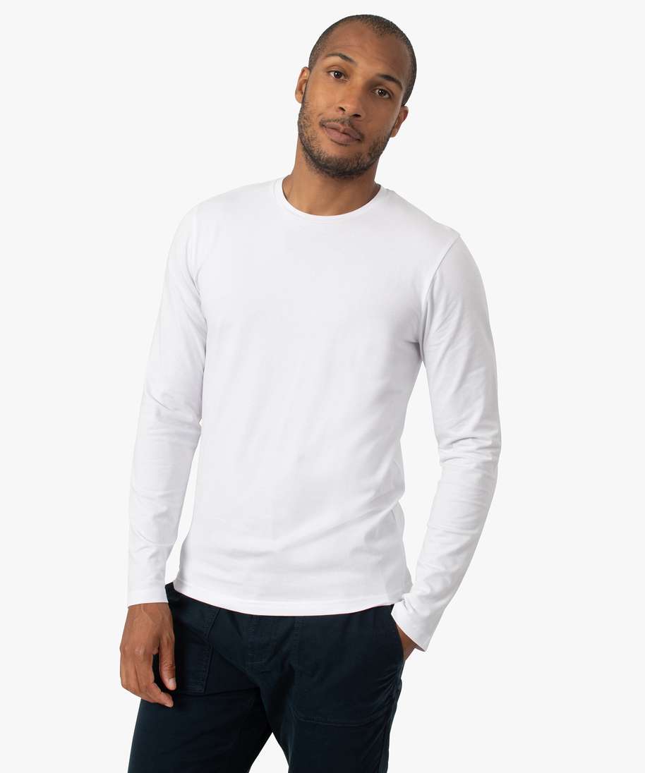 tee-shirt homme a manches longues et col rond coupe slim blanc tee-shirts