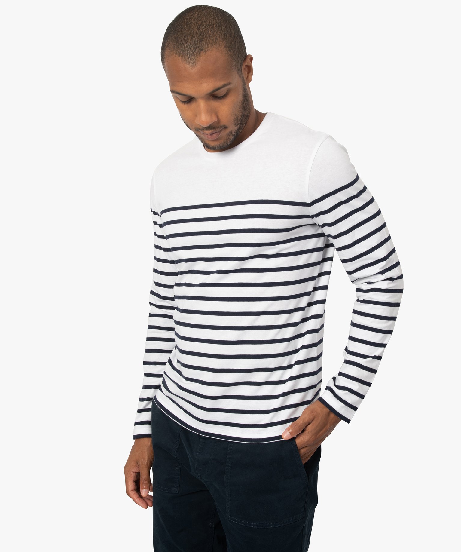 tee-shirt homme raye a manches longues et col rond imprime tee-shirts