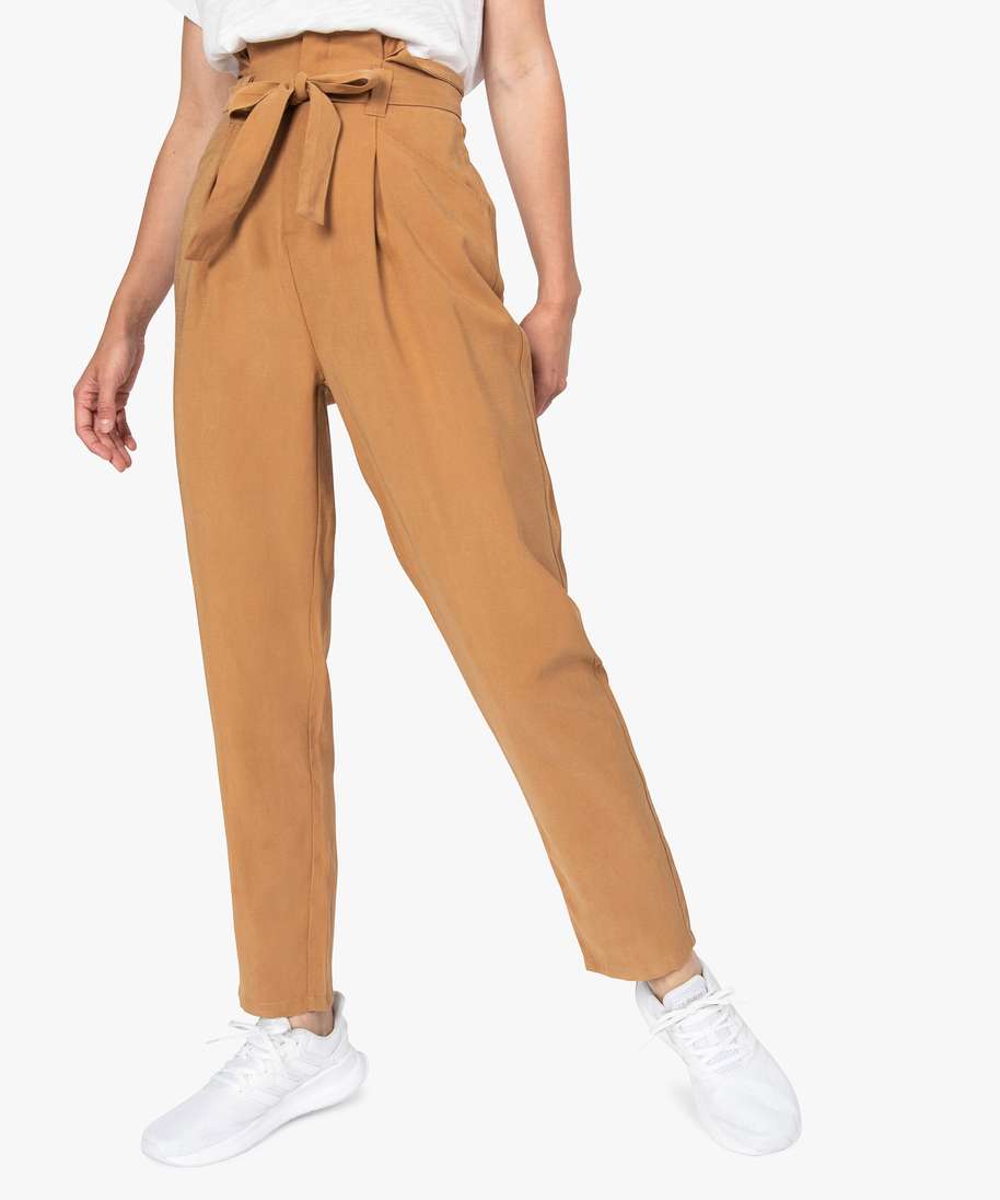 pantalon femme coupe carotte taille haute brun pantalons