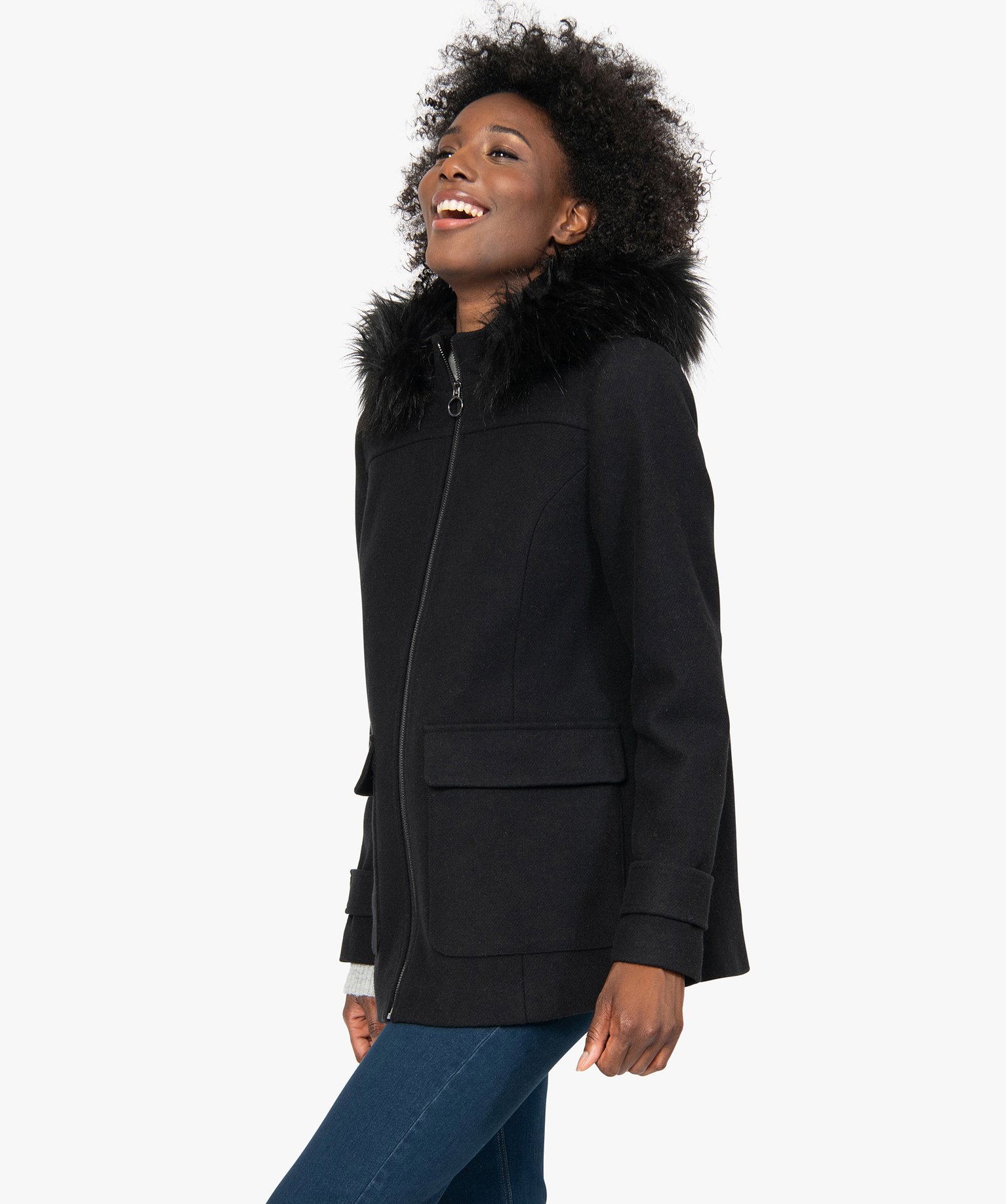 manteau femme court a capuche fantaisie noir manteaux