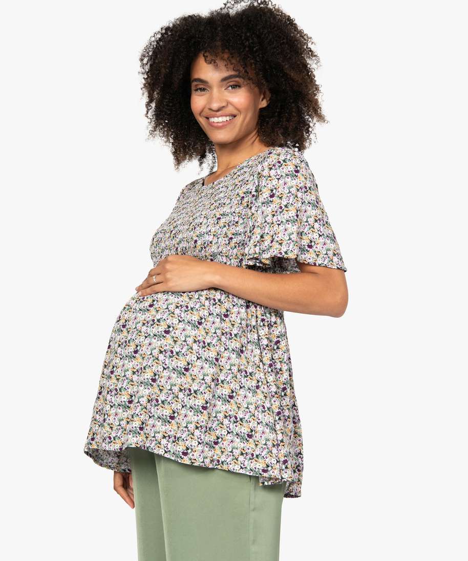 blouse de grossesse a smocks et fleurs imprime