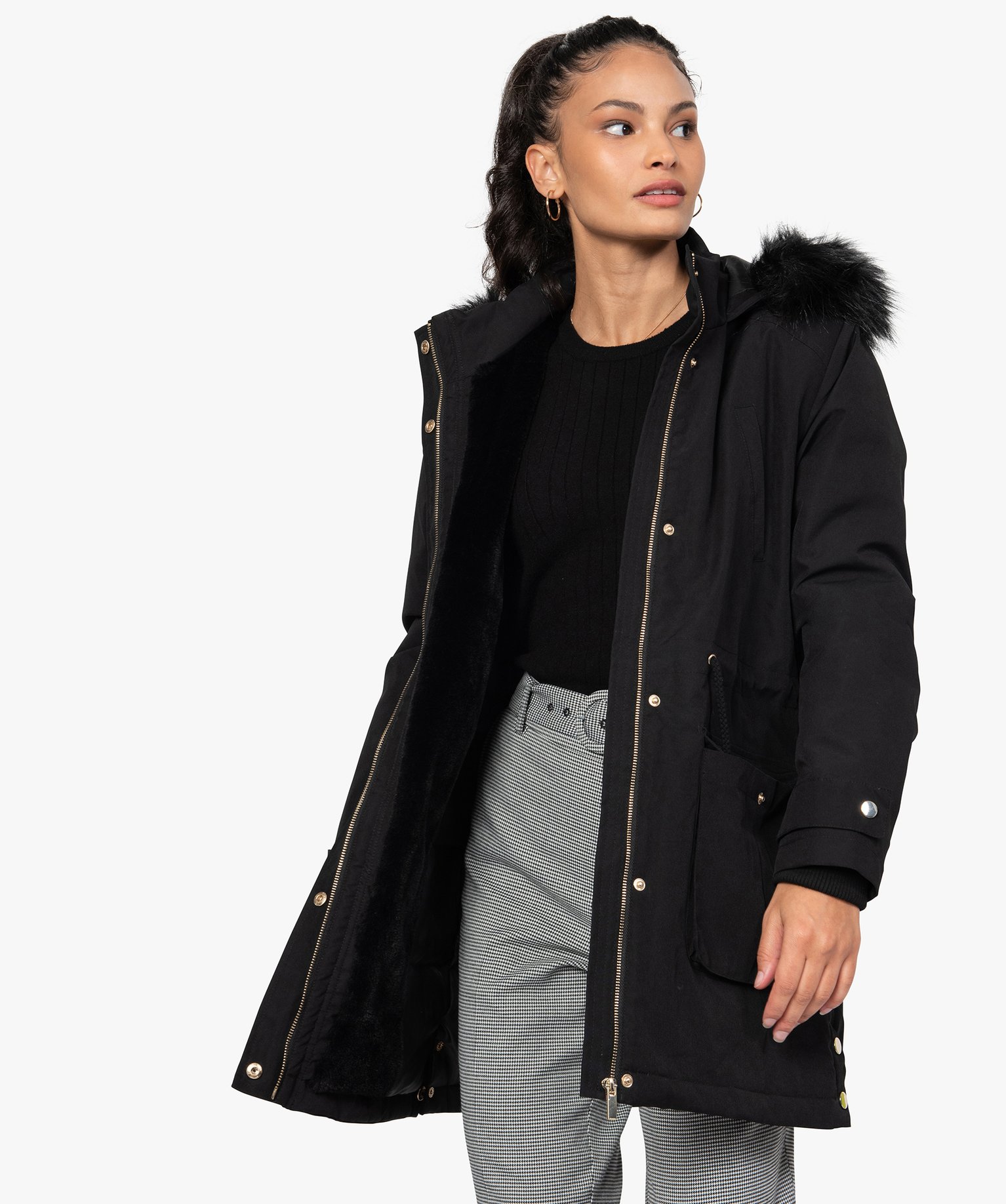 parka femme a capuche avec bord amovible noir manteaux femme | GÉMO