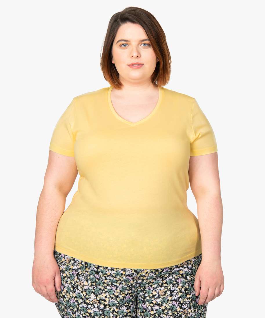 tee-shirt femme a manches courtes et col v jaune t-shirts manches courtes