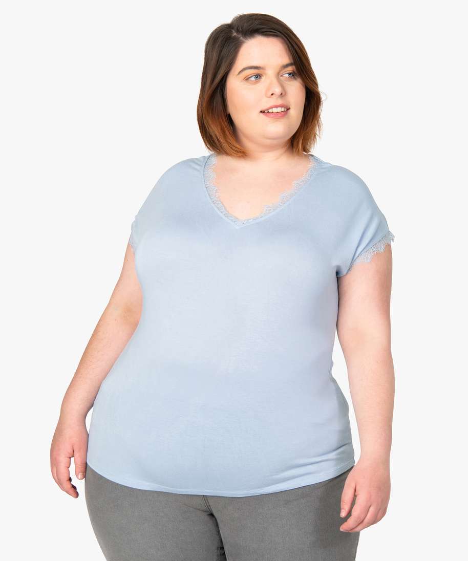 tee-shirt femme sans manches avec finitions dentelle bleu t-shirts manches courtes