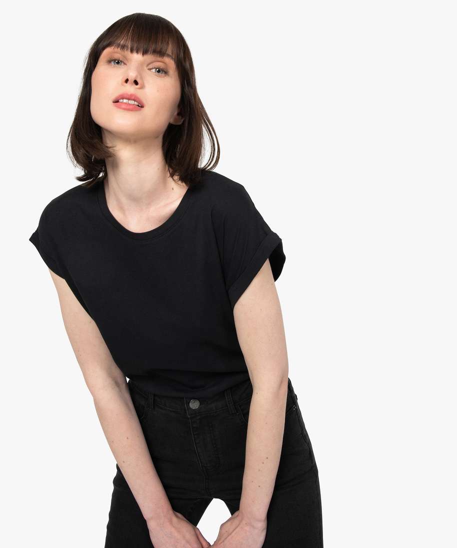 tee-shirt femme a manches courtes avec revers noir t-shirts manches courtes