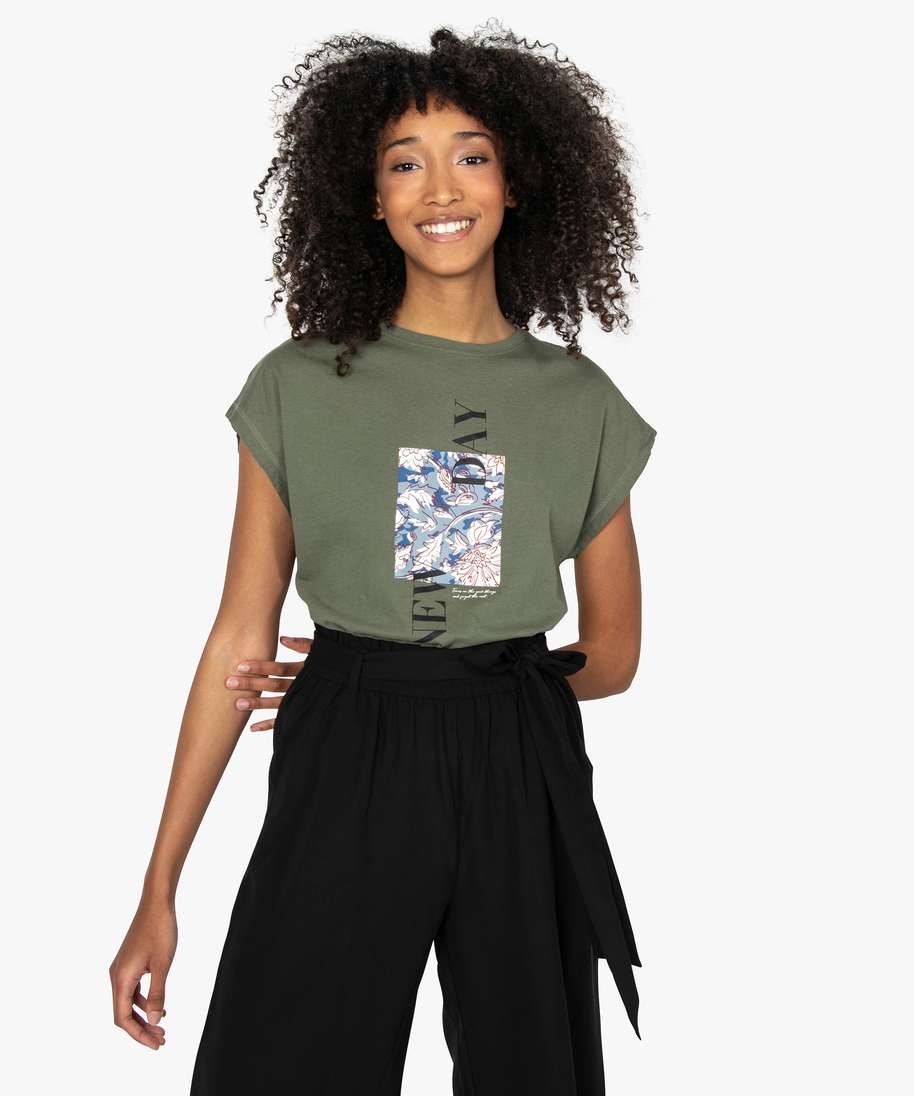 tee-shirt femme a manches courtes avec motif fleuri vert t-shirts manches courtes