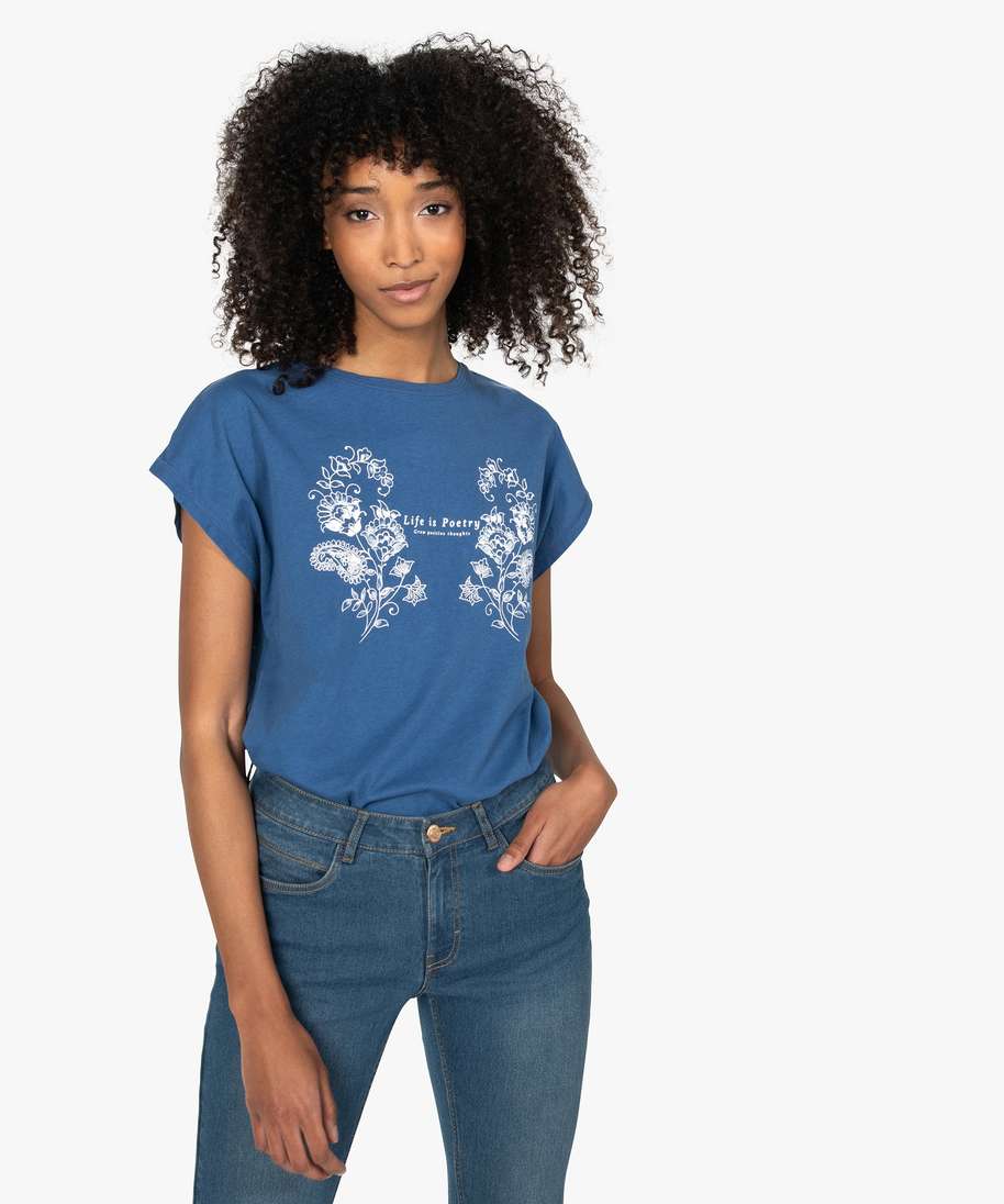 tee-shirt femme a manches courtes avec motif fleuri bleu t-shirts manches courtes