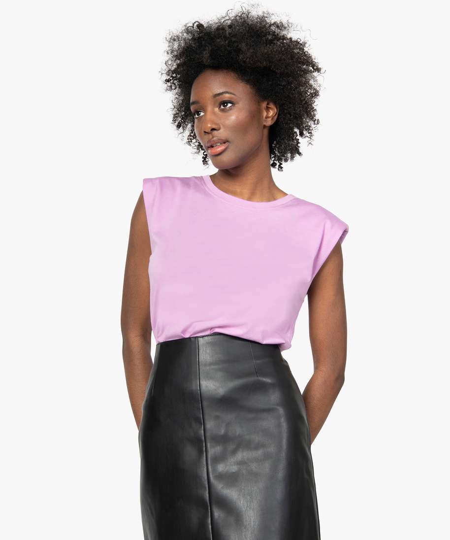 tee-shirt femme a epaulettes sans manches violet t-shirts manches courtes