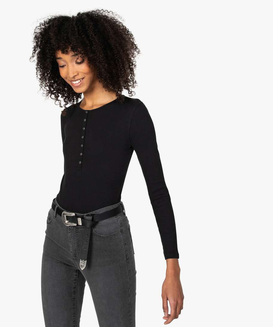 tee-shirt femme a manches longues en maille cotelee noir t-shirts manches longues