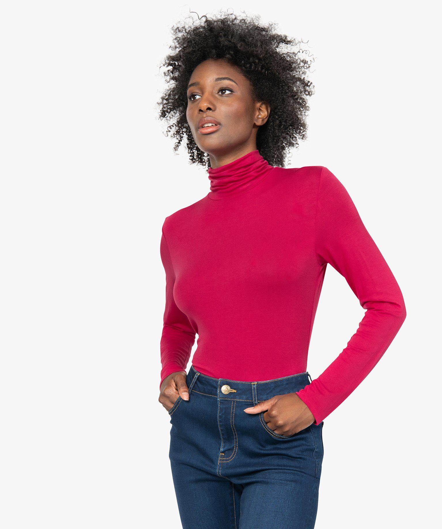 tee-shirt femme uni avec col roule et manches longues rouge t-shirts manches longues