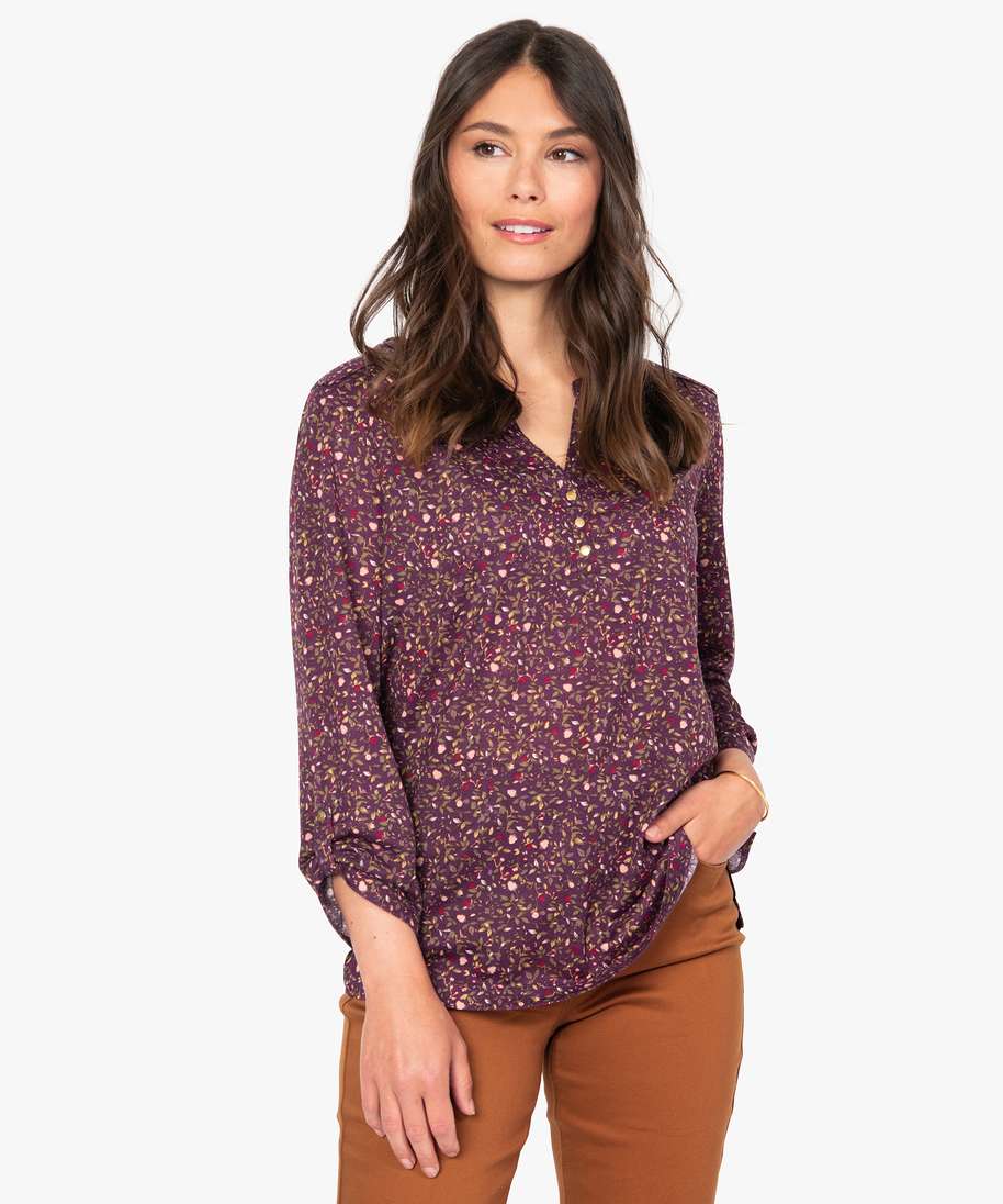 tee-shirt femme manches 34 imprime a col original violet t-shirts manches longues