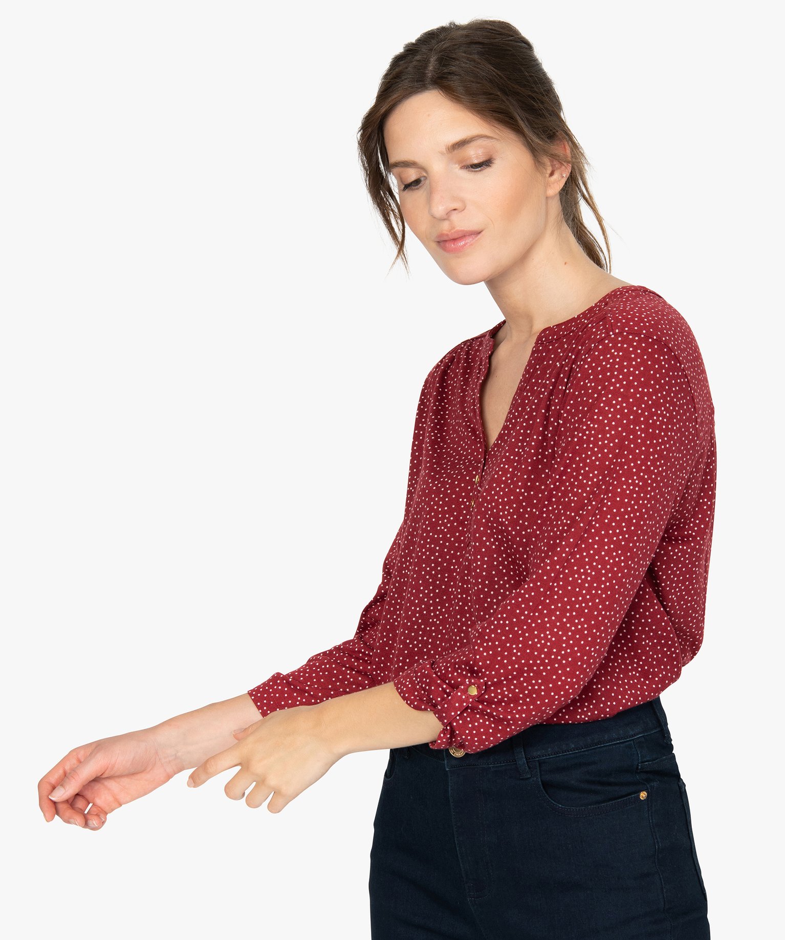 tee-shirt femme manches 34 imprime a col original rouge t-shirts manches longues