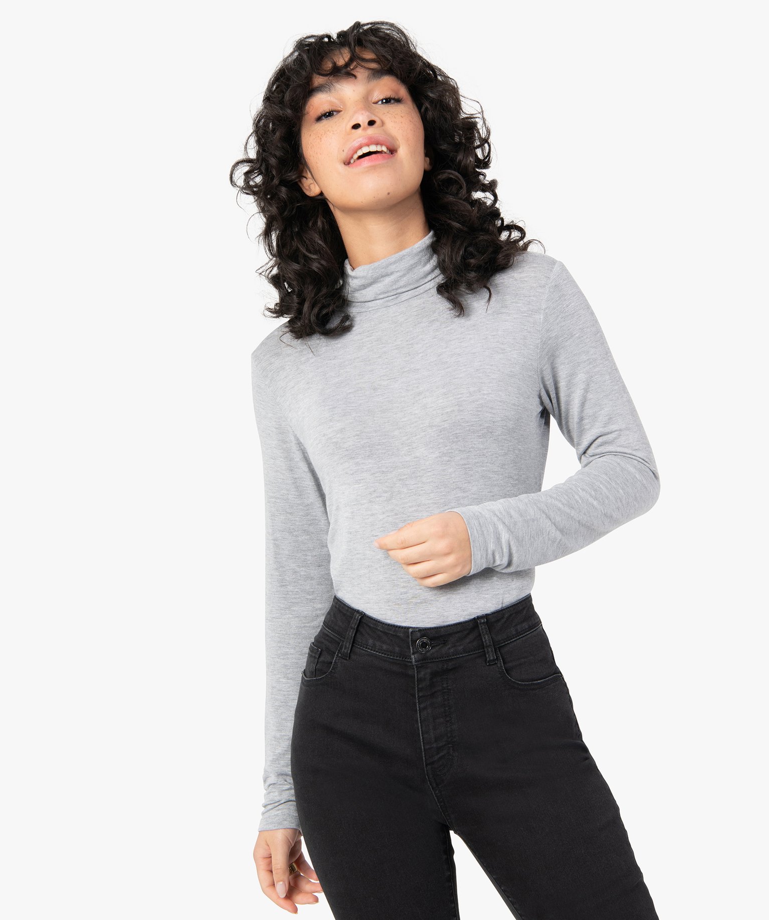tee-shirt femme uni avec col roule et manches longues gris t-shirts manches longues