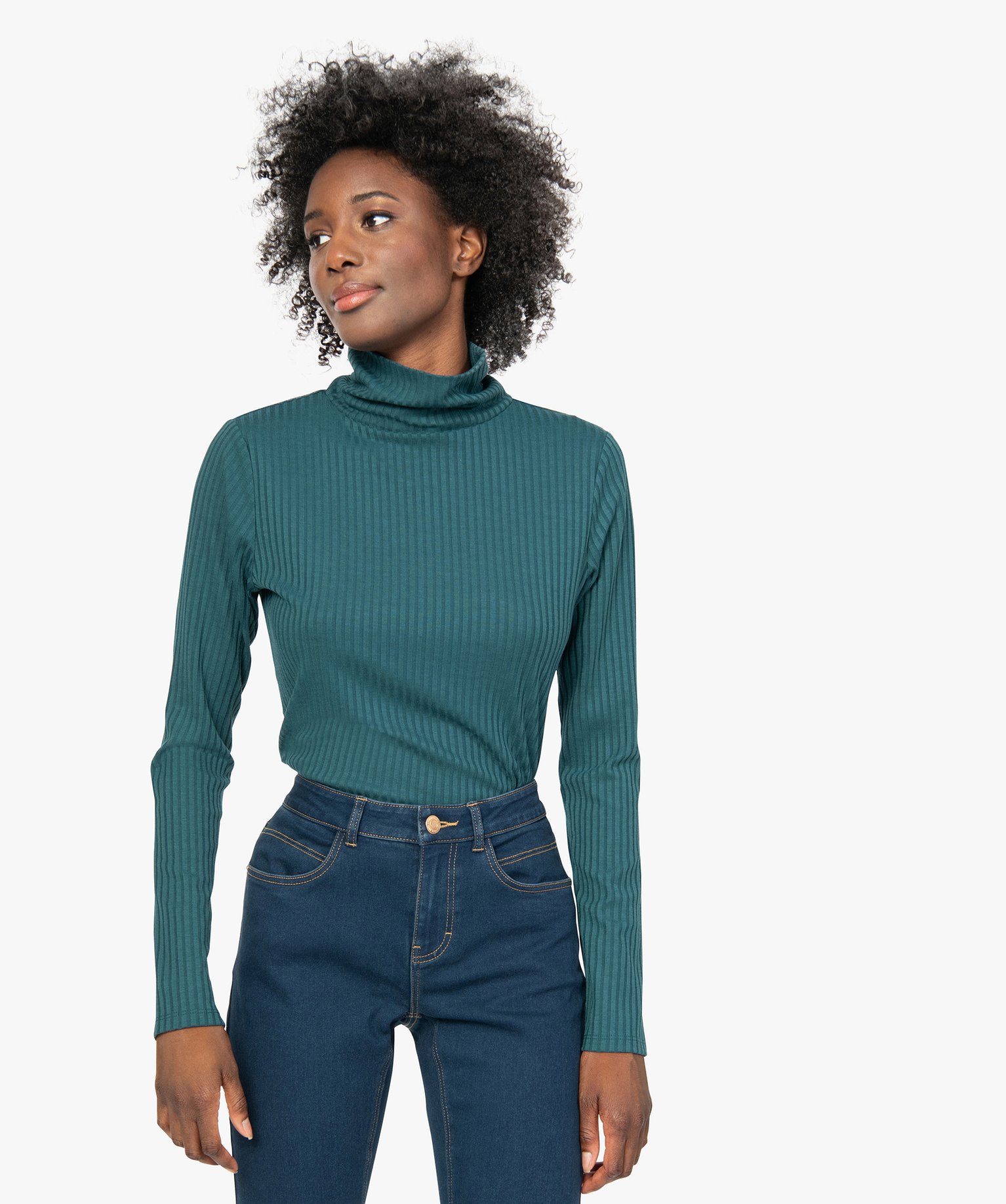 tee-shirt femme en maille cotelee manches longues et col montant vert t-shirts manches longues