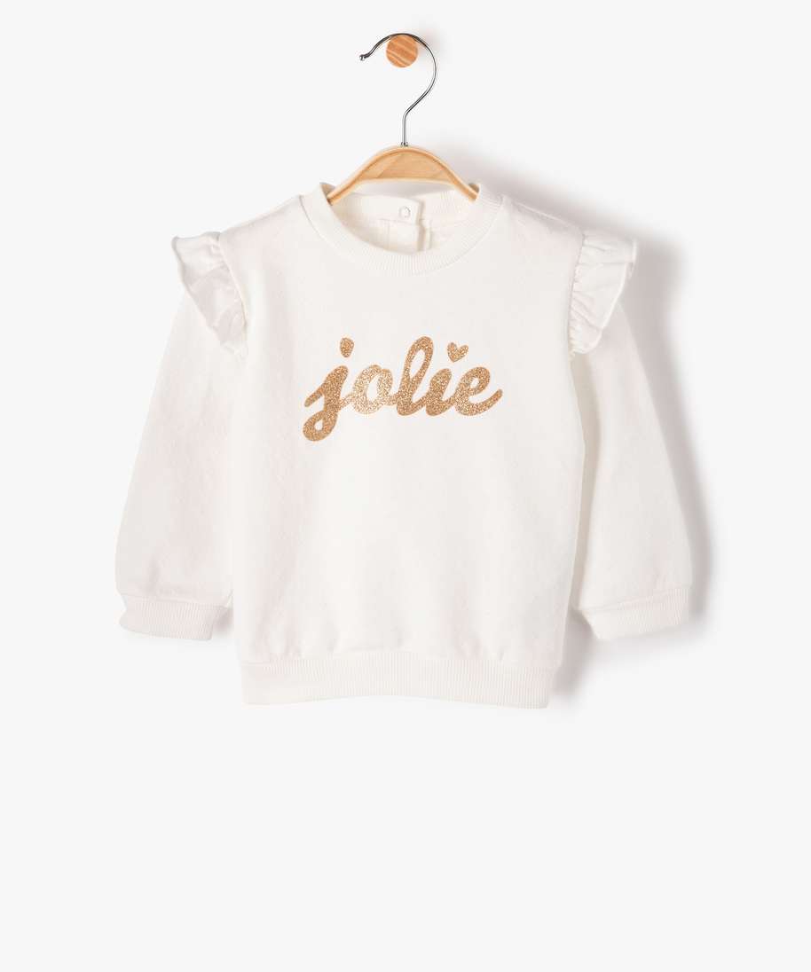 Gemo Vetements Fille Sweat Bebe Fille Avec Inscription Pailletee Et Volants Aux Epaules Beige Bebe Gemo