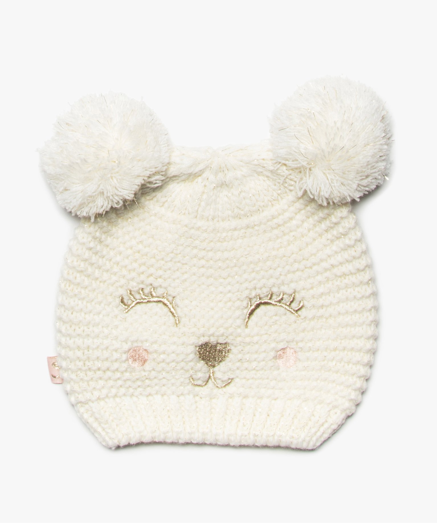 bonnet avec broderie pailletee et oreilles pompons bebe fille