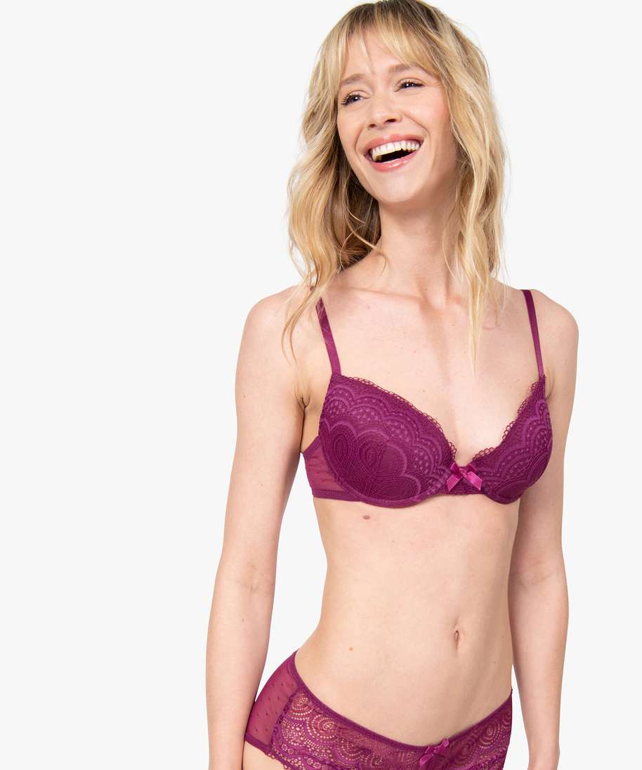 Soutien-gorge Corbeille Dentelle Femme - Violet Vif - Armatures - Bretelles Ajustables - Certifié Oeko-Tex