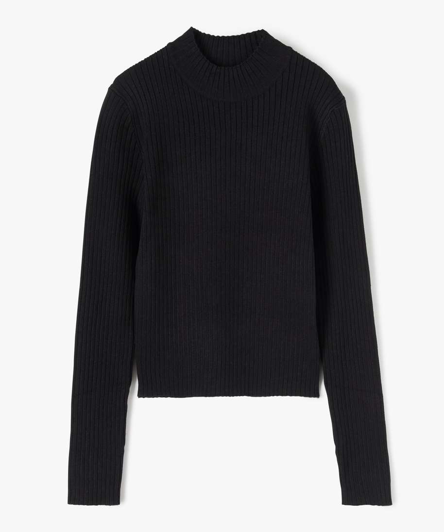 pull court a col cheminee en maille cotelee fille noir standard pulls