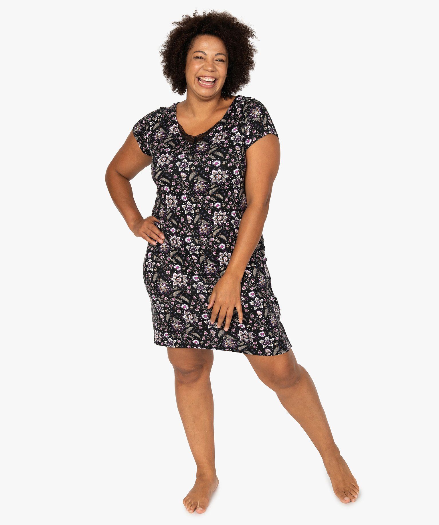 Chemise De Nuit Femme Nuisette Coton Boutonnée Dentelle - Robe De Chambre Manches Courtes Confortable