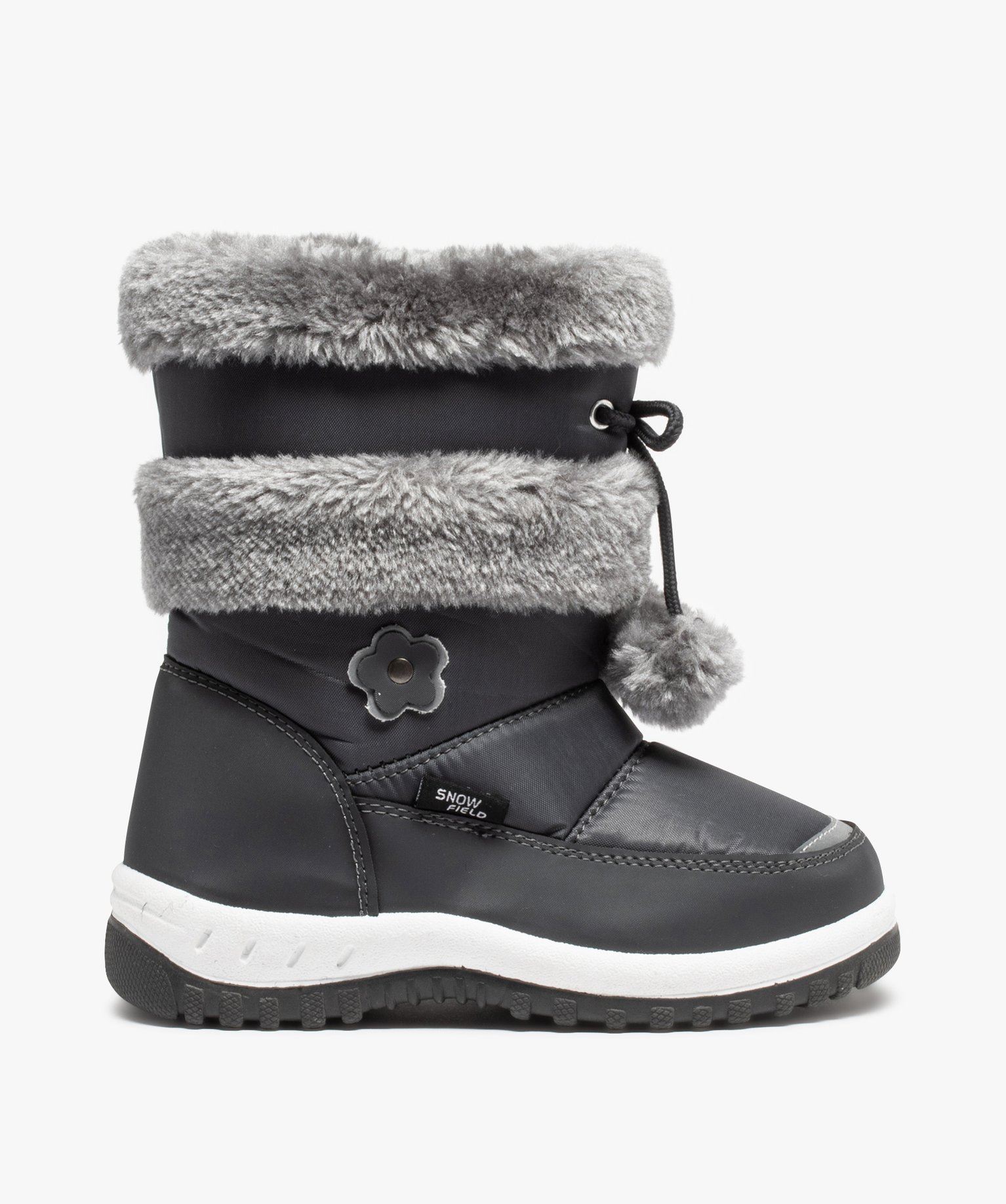 apres-ski fille avec tige en maille peluche et pompons gris standard bottes  de pluie et apres-ski