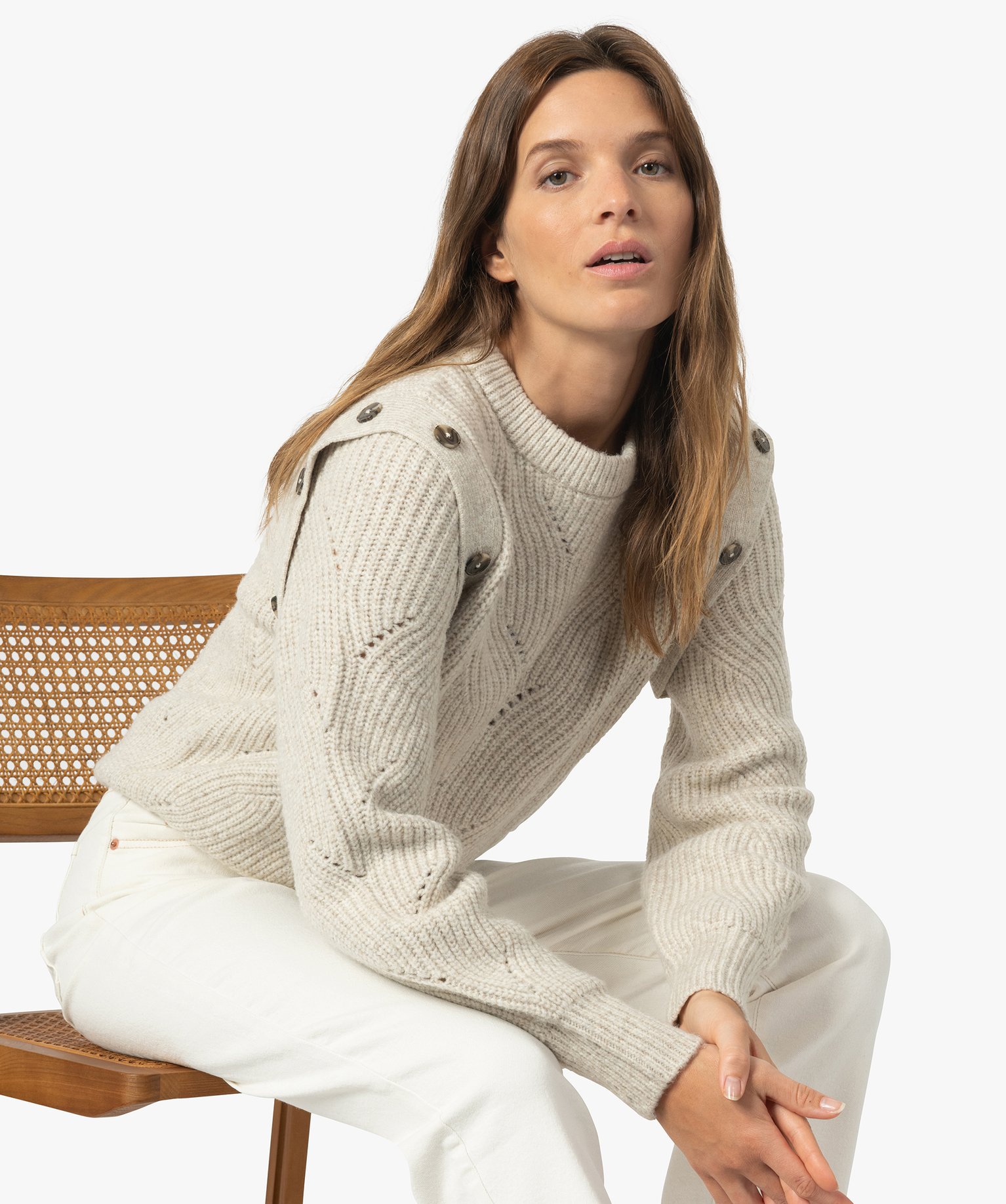 pull femme en grosse maille et boutons fantaisie beige pulls femme GEMO