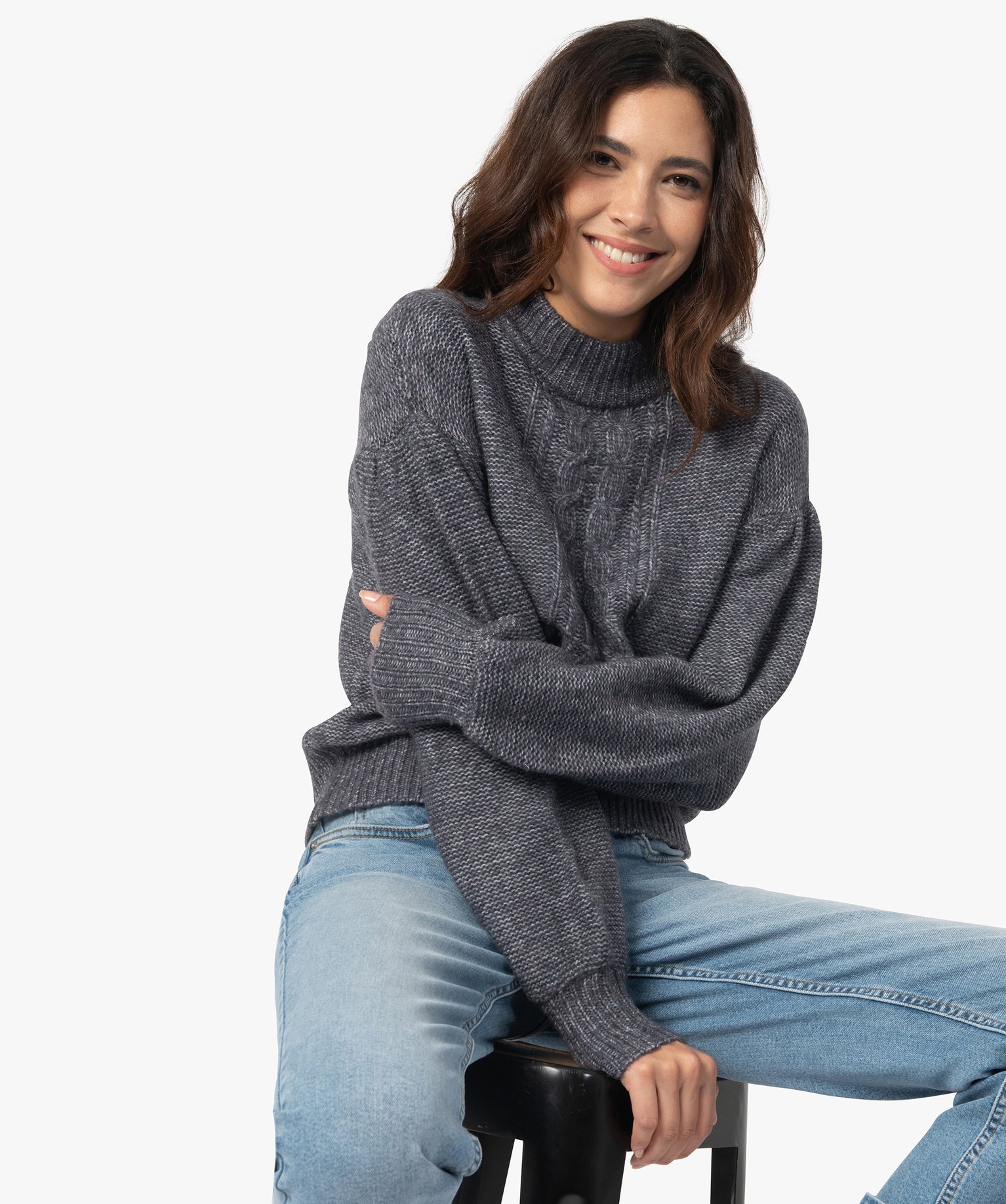 pull femme torsade a col montant gris pulls femme G MO