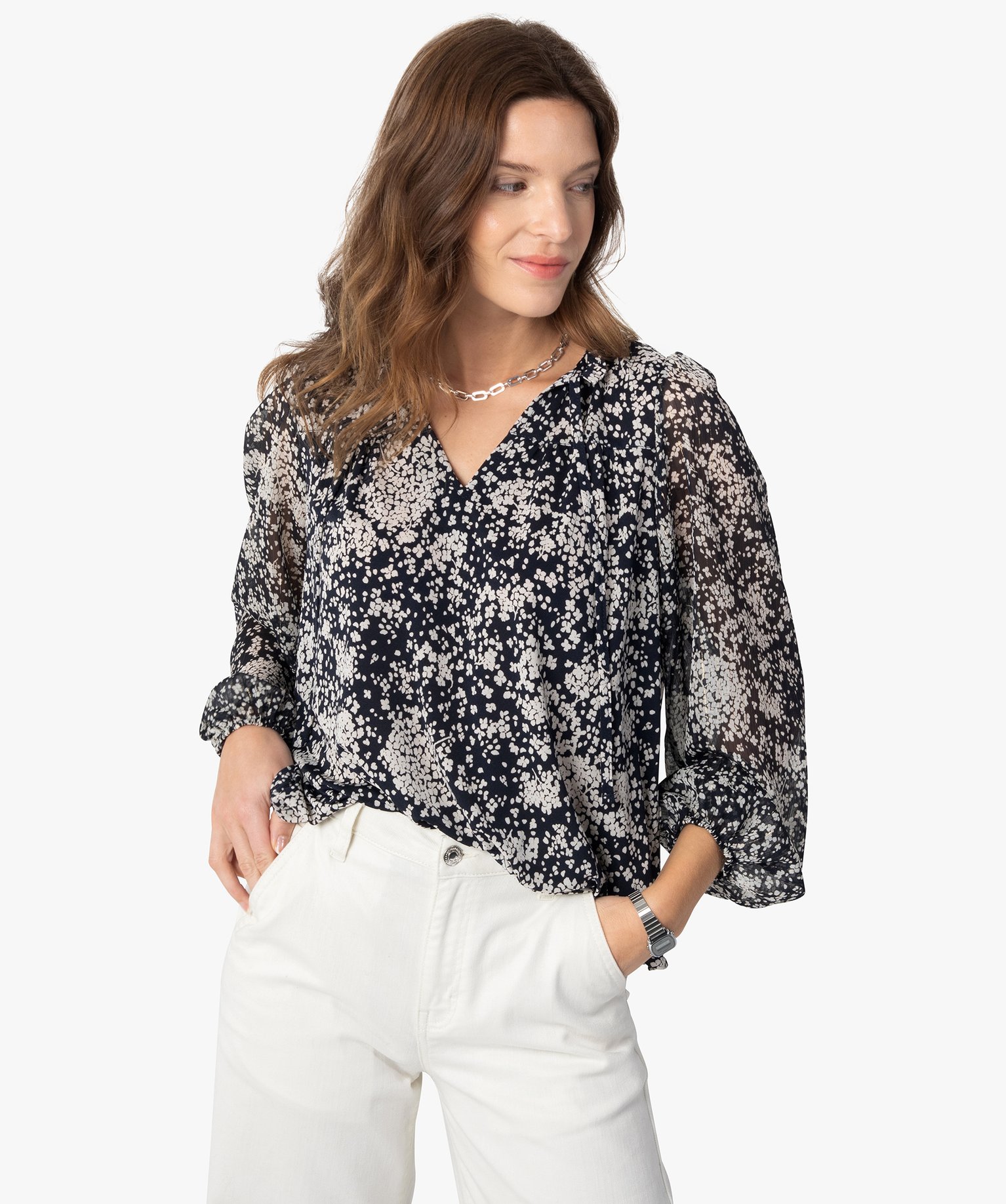 blouse femme en voile avec rayures pailletees sur les manches imprime t-shirts manches longues