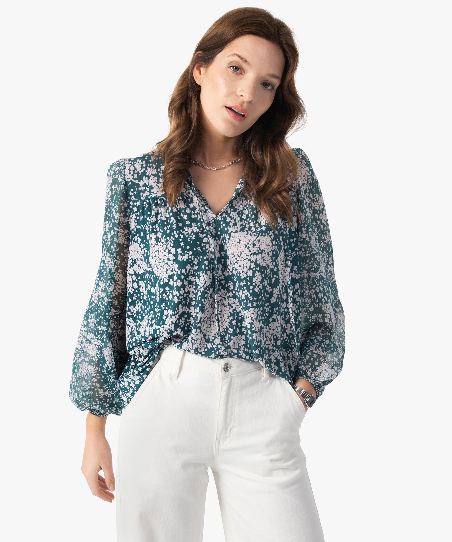 blouse femme en voile avec rayures pailletees sur les manches imprime t-shirts manches longues