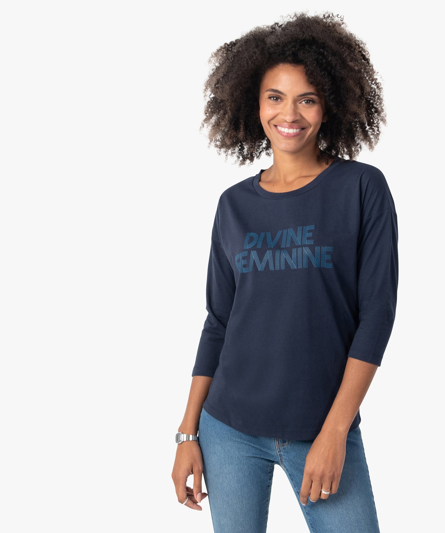 tee-shirt femme a manches ¾ avec message bleu t-shirts manches courtes