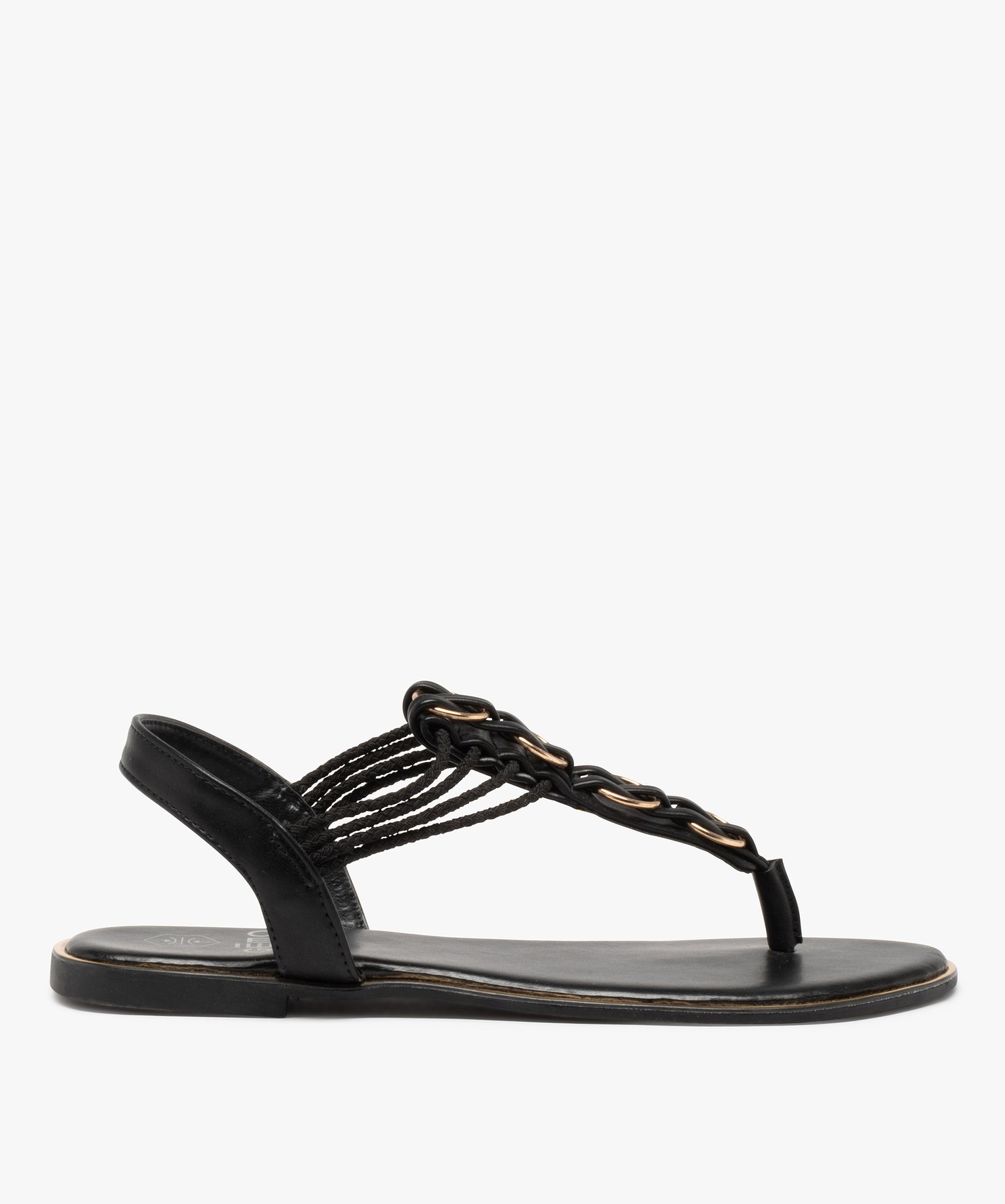 sandales femme a talon plat et entre-doigts details metal noir sandales plates et nu-pieds