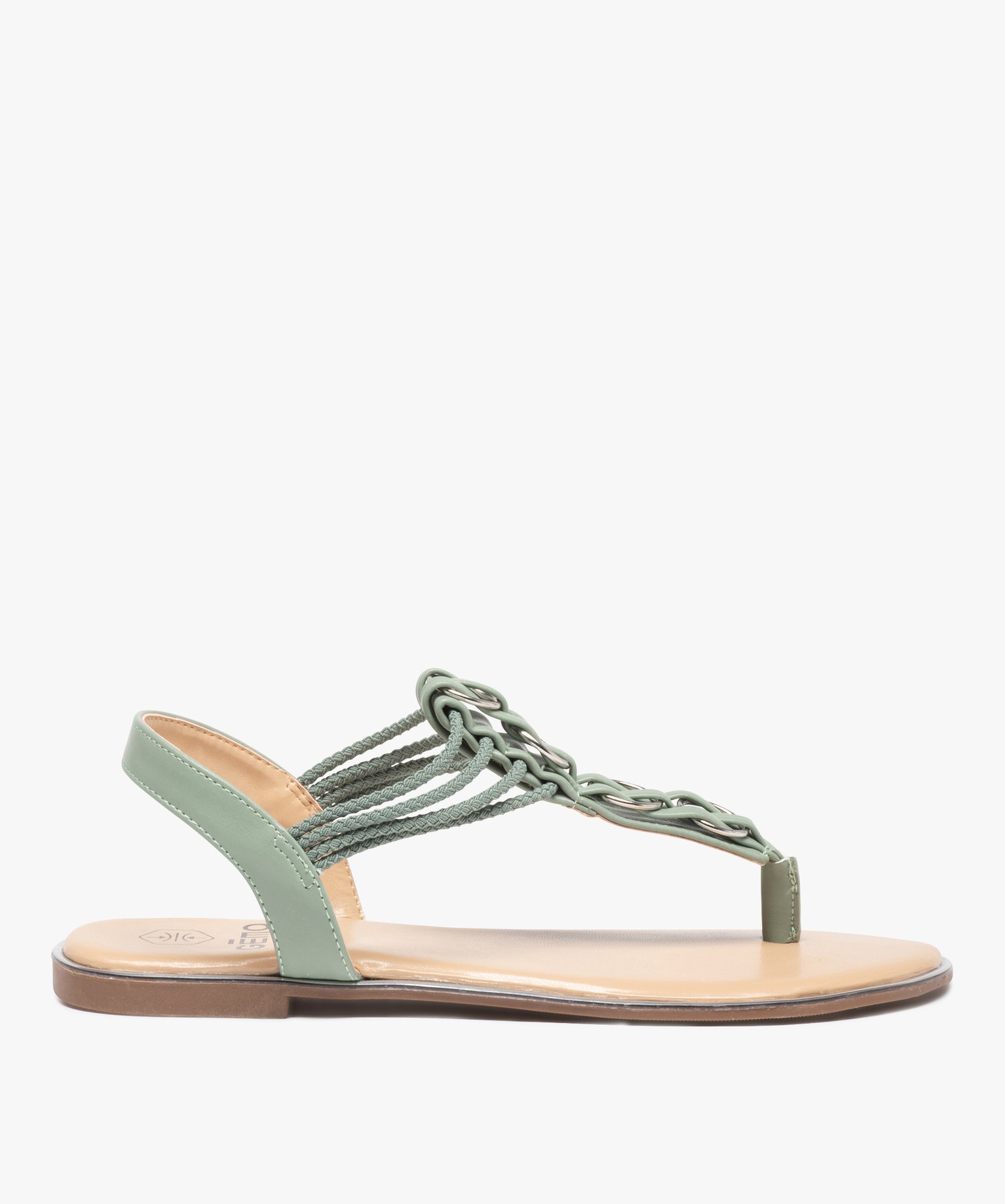 sandales femme a talon plat et entre-doigts details metal vert sandales plates et nu-pieds