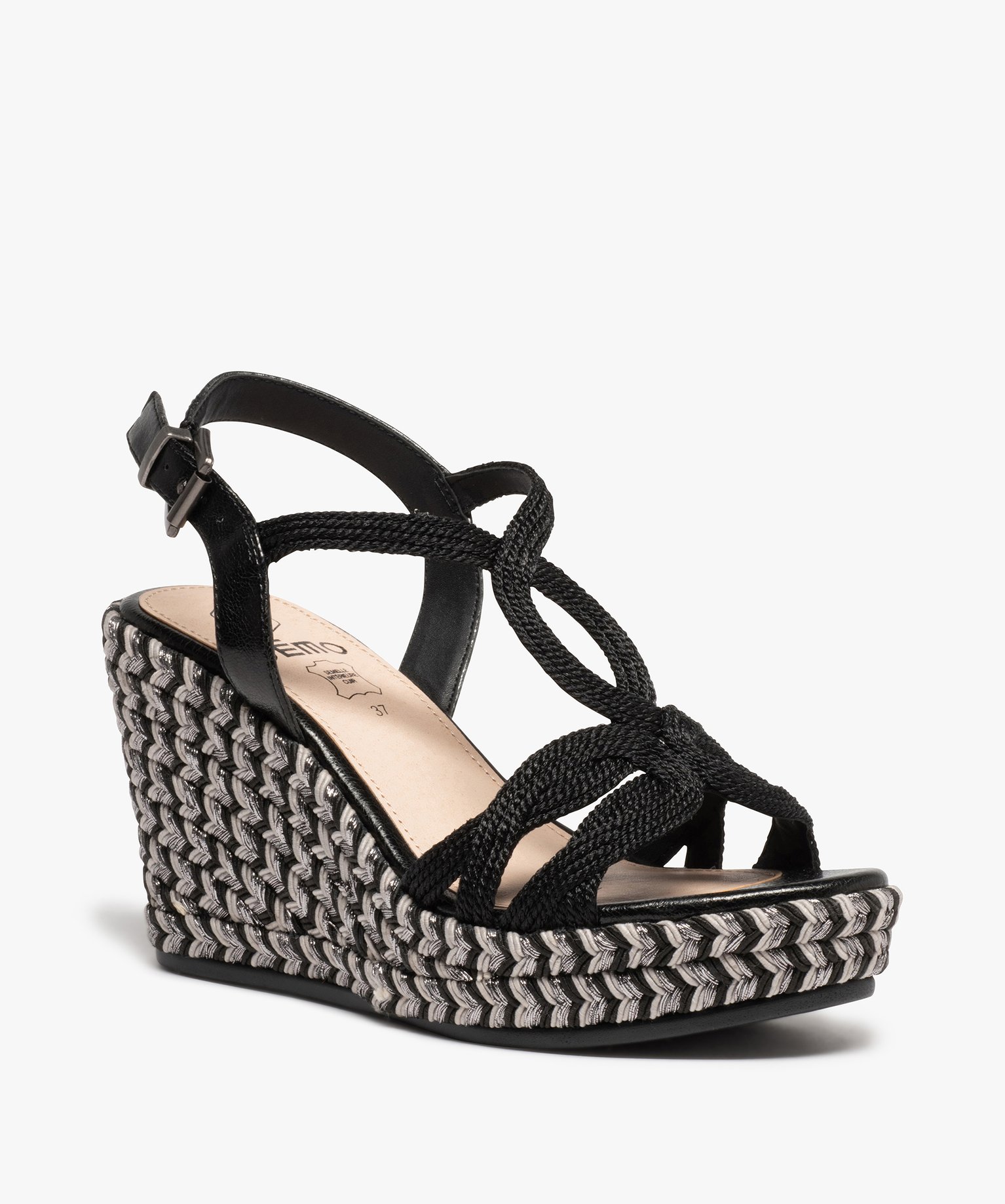 sandales femme a talon compense et brides en cordelette noir