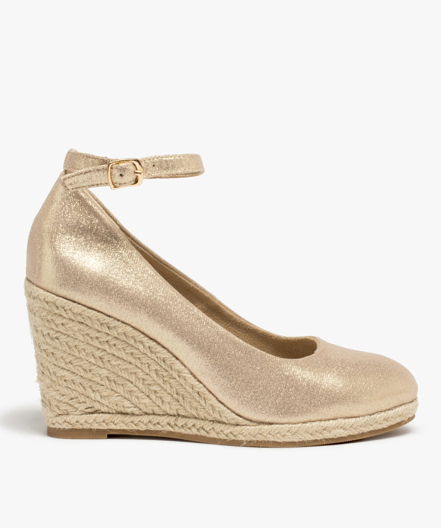 escarpins femme a talon compense en corde et fine bride dore escarpins compenses femme GEMO