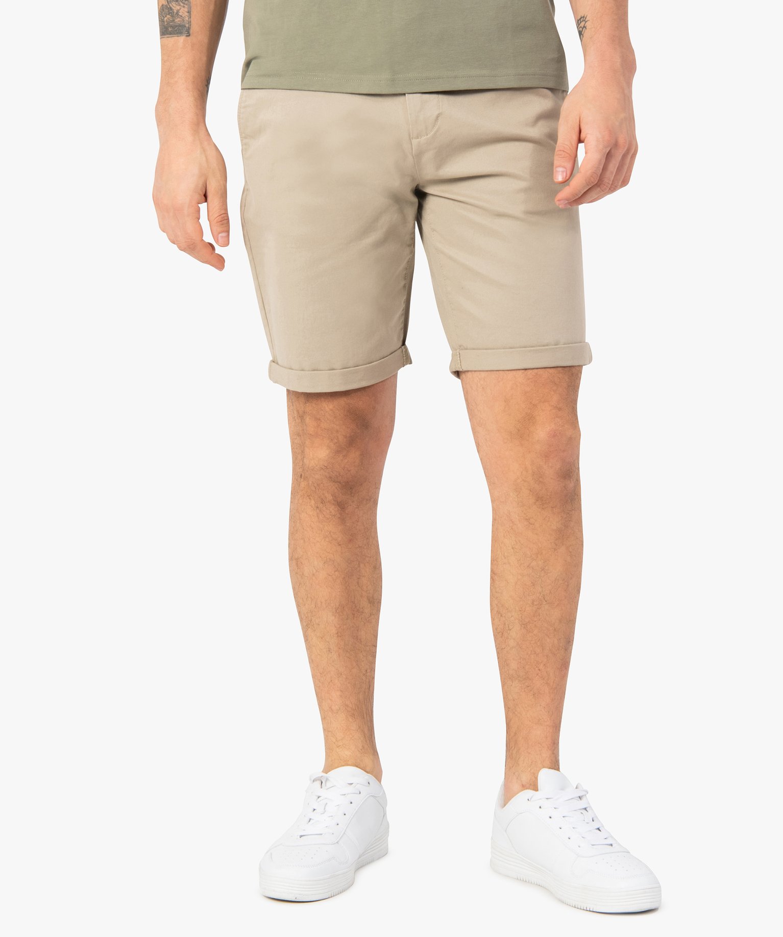 bermuda homme en toile extensible 5 poches coupe chino beige