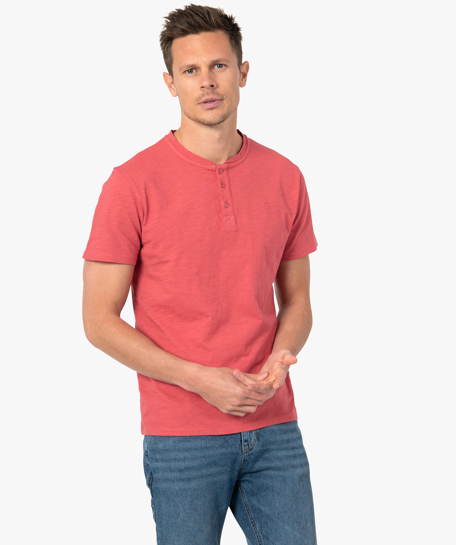 tee-shirt homme col tunisien a manches courtes au coloris unique rose tee-shirts