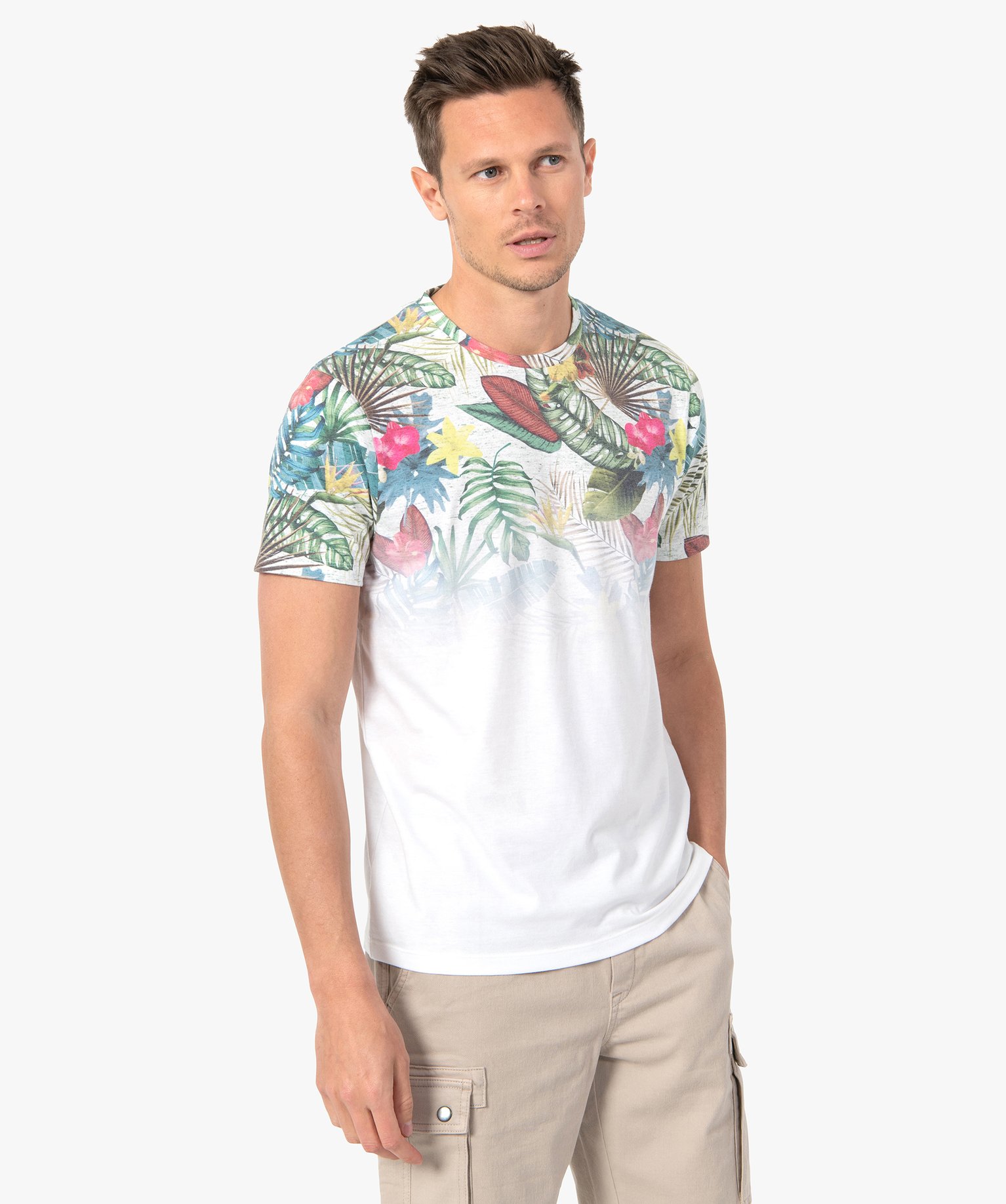 tee-shirt homme manches courtes a motif tropical delave gris tee-shirts