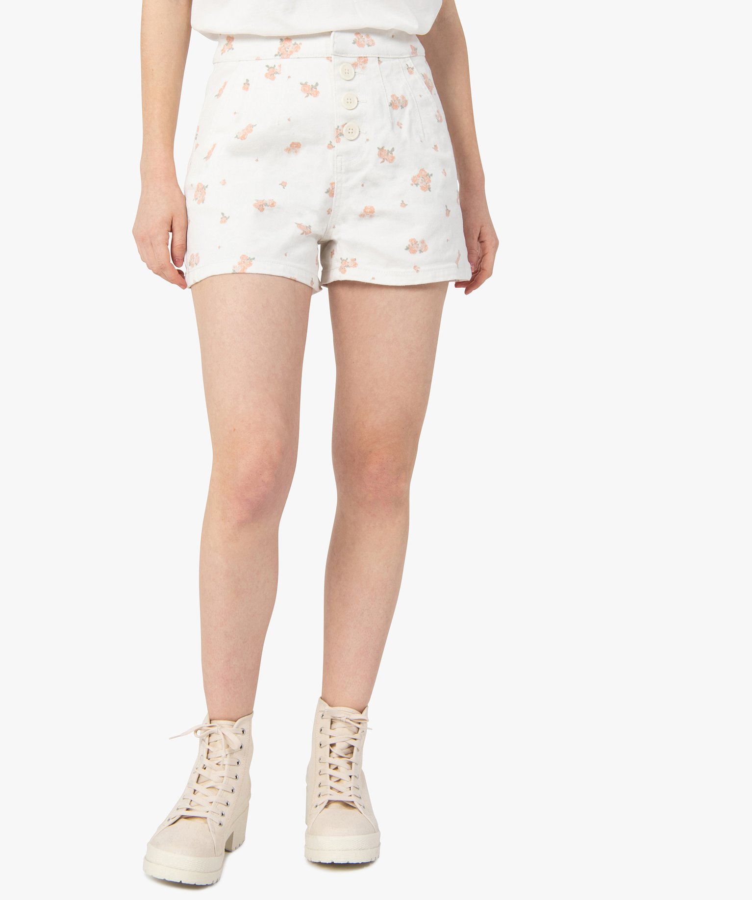 short femme taille haute a motifs fleuris beige shorts