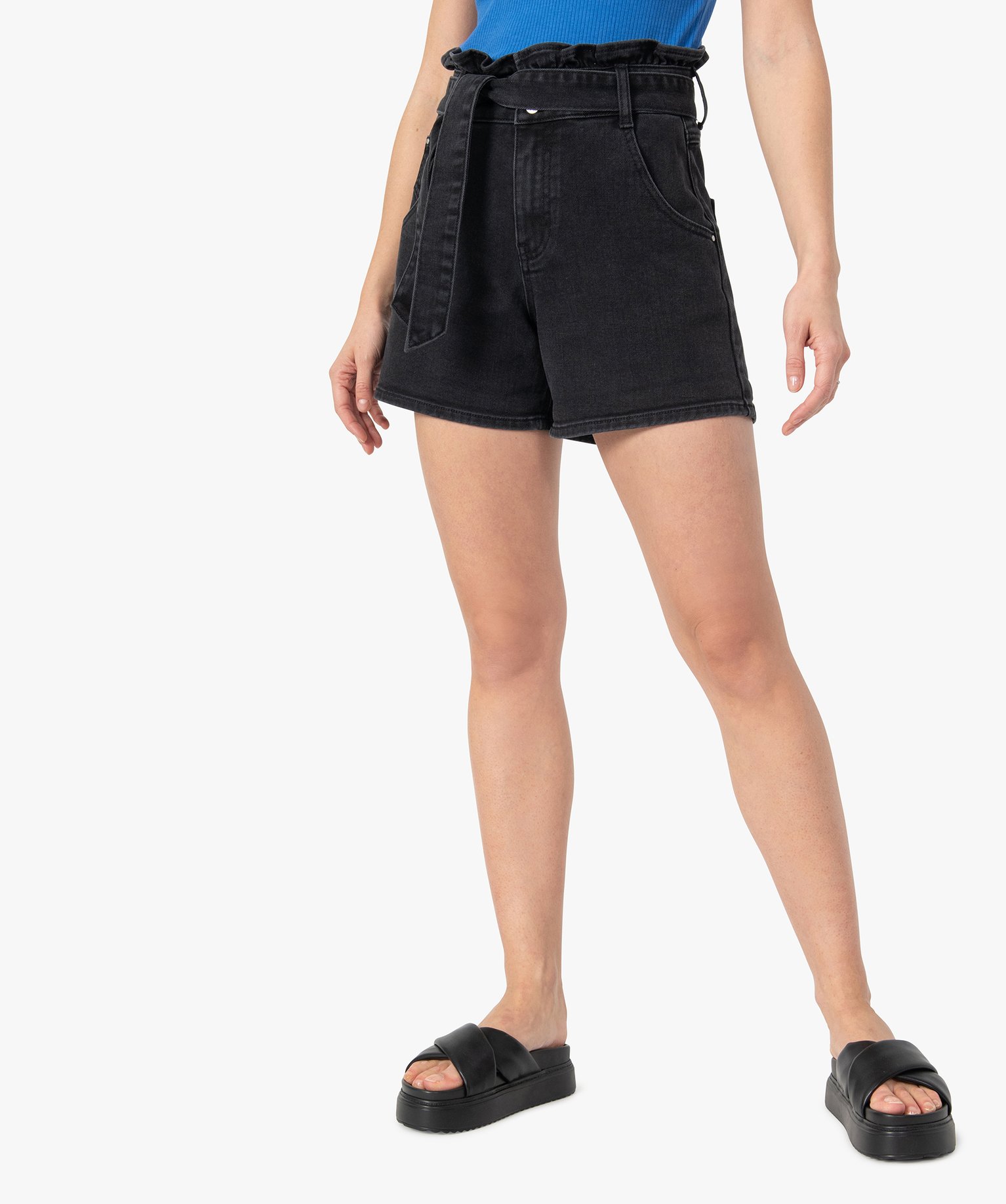 short femme en jean avec ceinture - lulucastagnette noir shorts