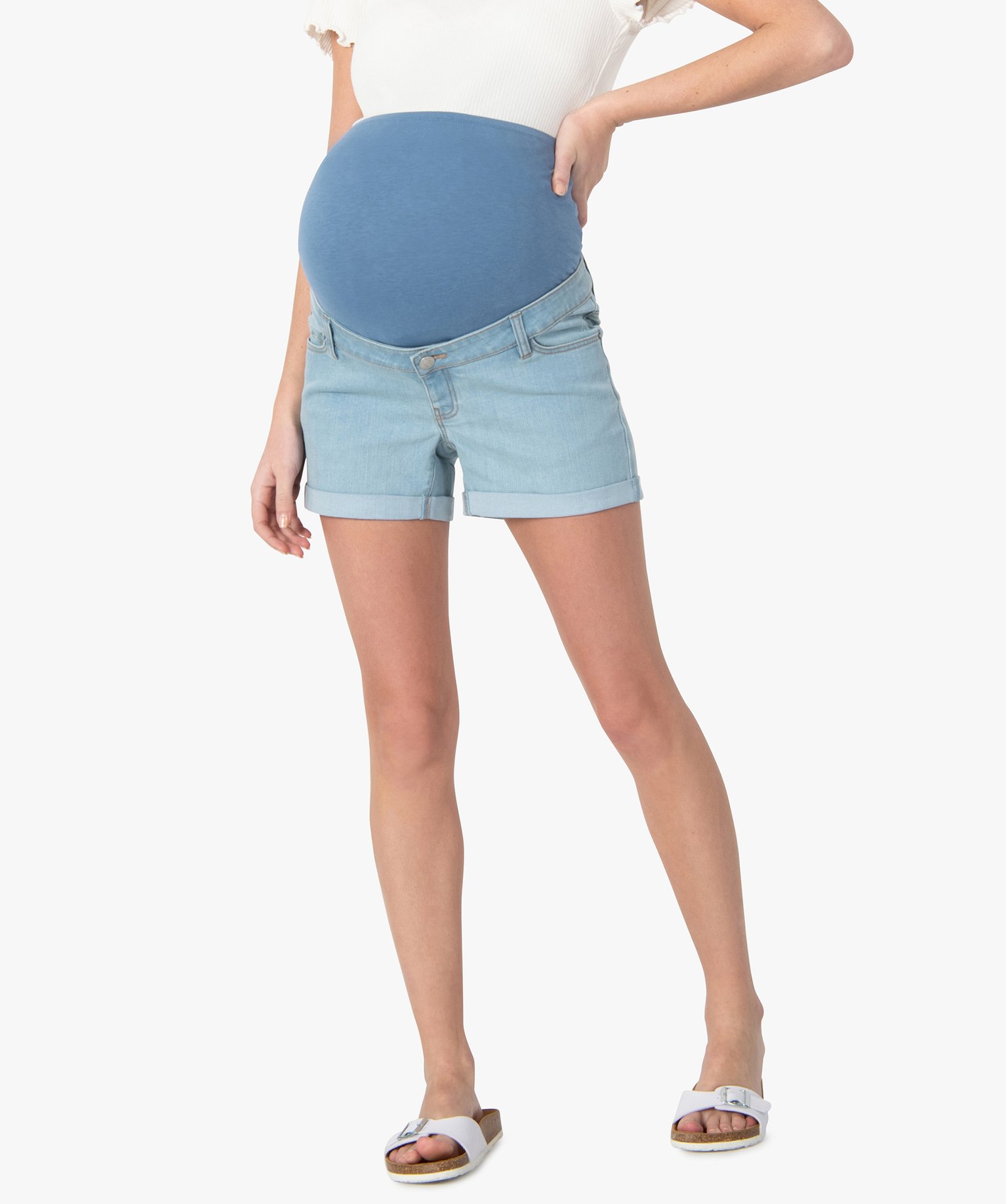 short grossesse en jean bandeau taille haute blanc