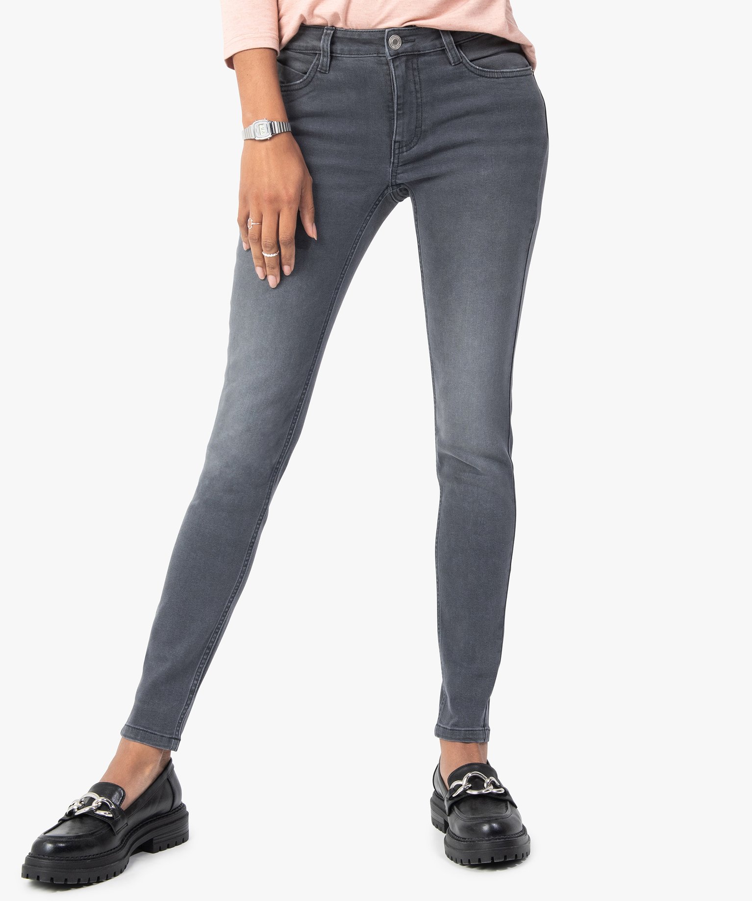 jean femme coupe skinny taille normale delave gris