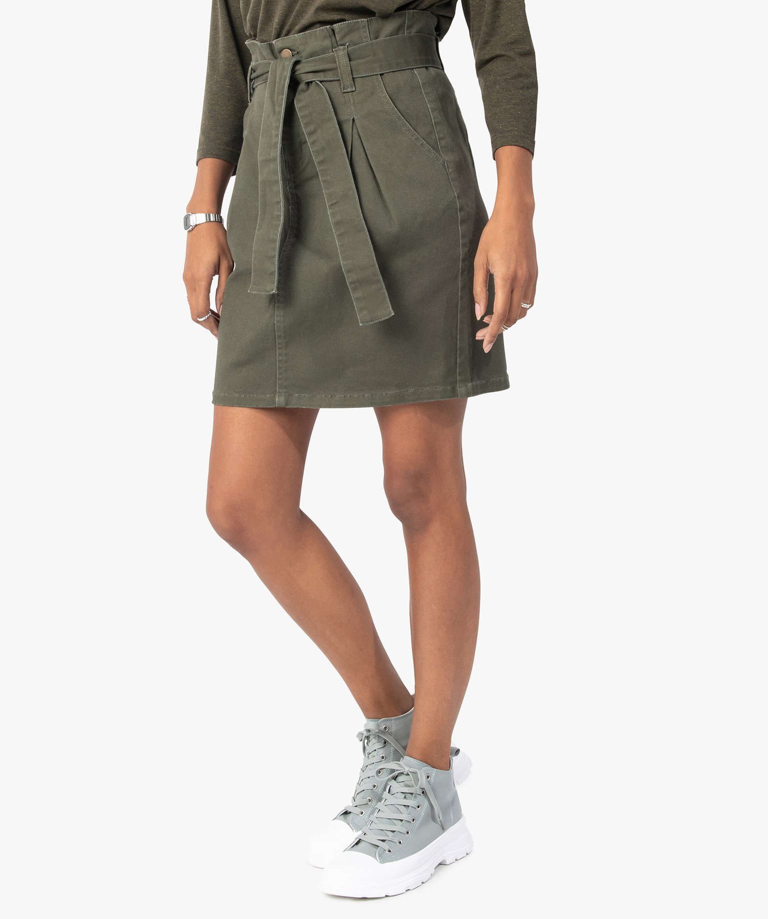 jupe femme avec ceinture en coton extensible vert jupes en jean femme GEMO
