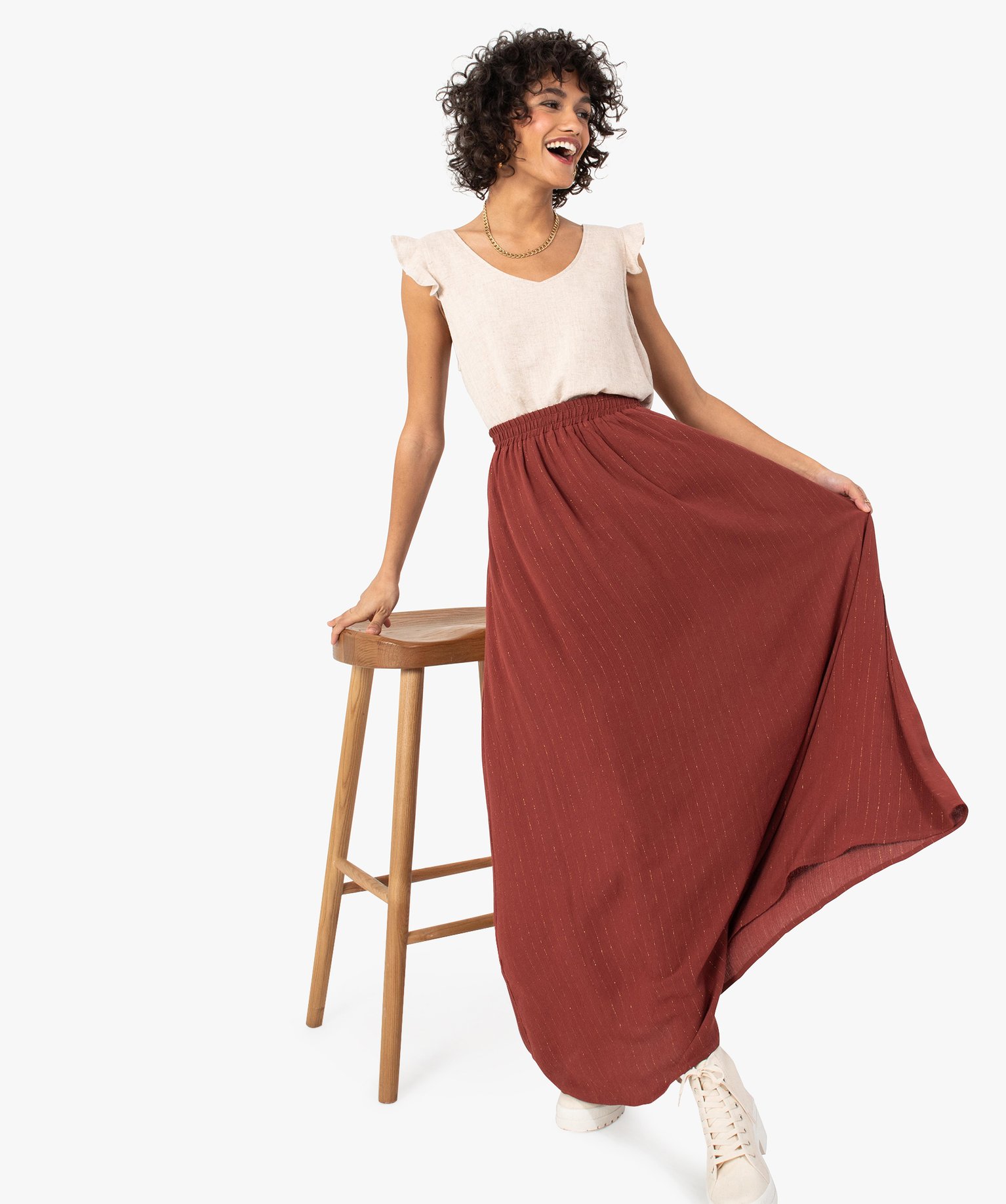 jupe longue femme a fines rayures pailletees orange jupes femme GEMO