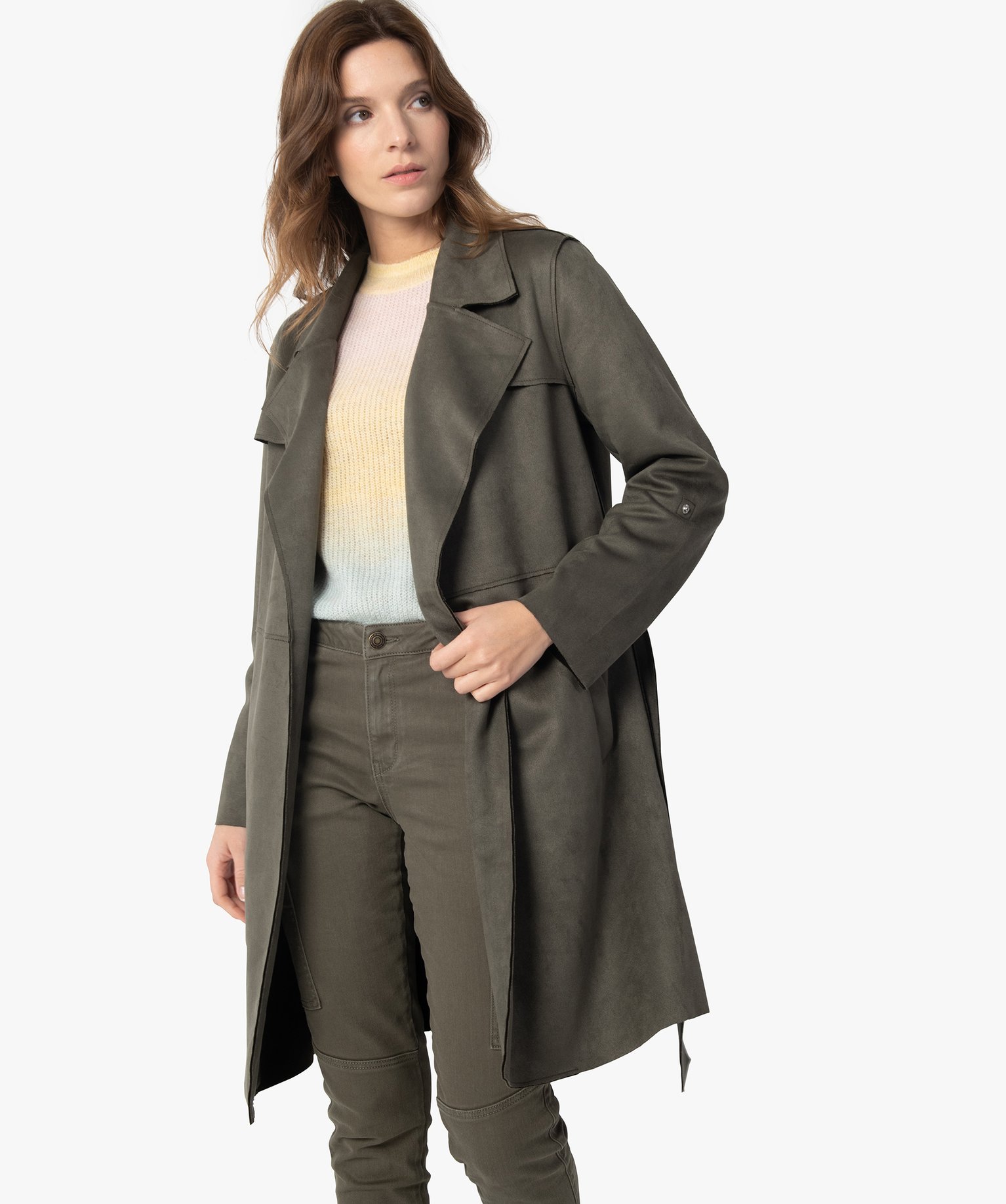 veste trench femme en suedine avec ceinture vert vestes femme GEMO