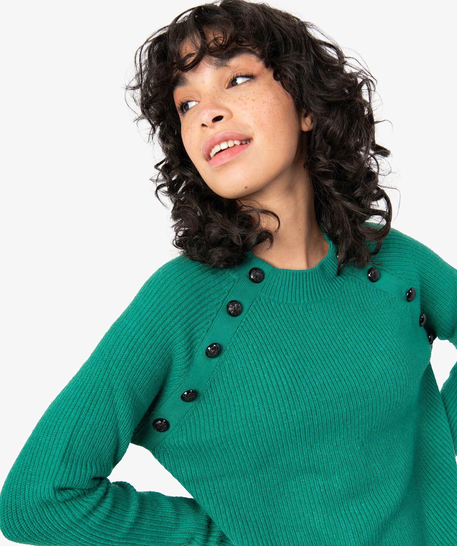 pull femme avec boutons fantaisie aux emmanchures vert pulls femme GEMO