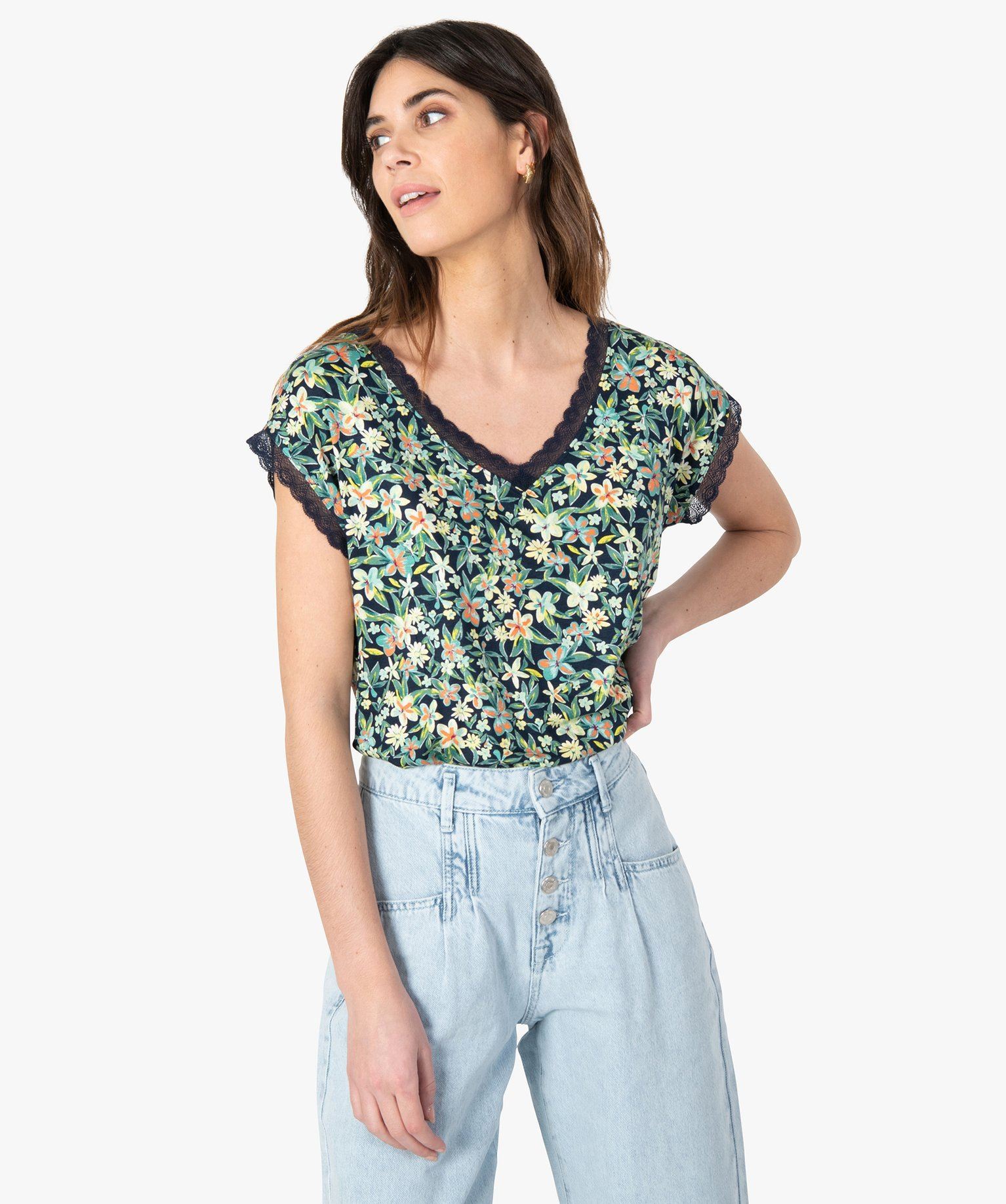 tee-shirt femme imprime avec finitions dentelle bleu t-shirts